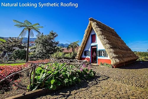 Miniatura 5 de 3 rollos de techo de paja sintética ignífuga, cada rollo de 16.50 pies x 19.67 pulgadas para techo de césped Tiki Mini Bar y parasol de patio,