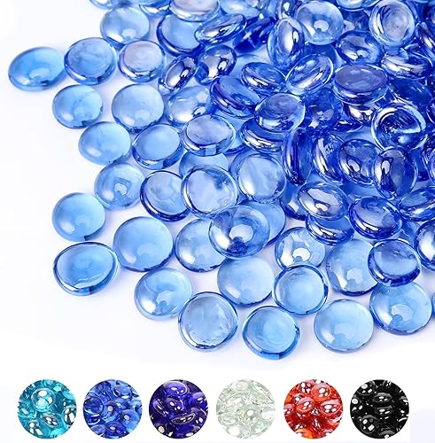 GRISUN Vidrio para hoguera con brillo azul océano Pacífico de 12 pulgada, rocas de vidrio redondas de 10 libras para chimenea natural o propano,