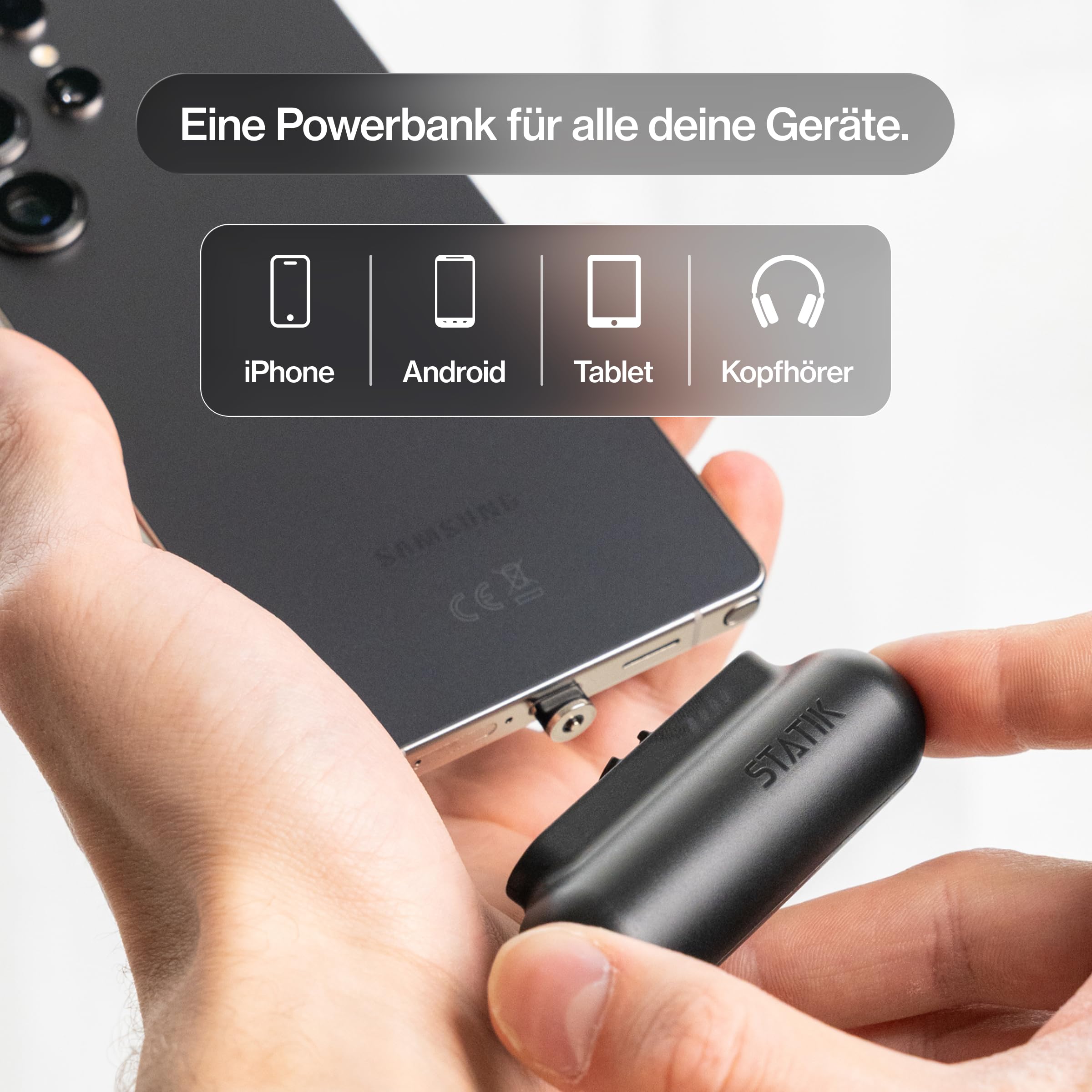 STATIK Snap-N-Charge (Gen 3) Mini Powerbank, tragbares Ladegerät für alle Geräte, 3-in-1 Magnet-Adaptern (USB-C, Micro-USB, iProduct), kompakt, 3.200 mAh, 10W, Schwarz, 3er-Pack