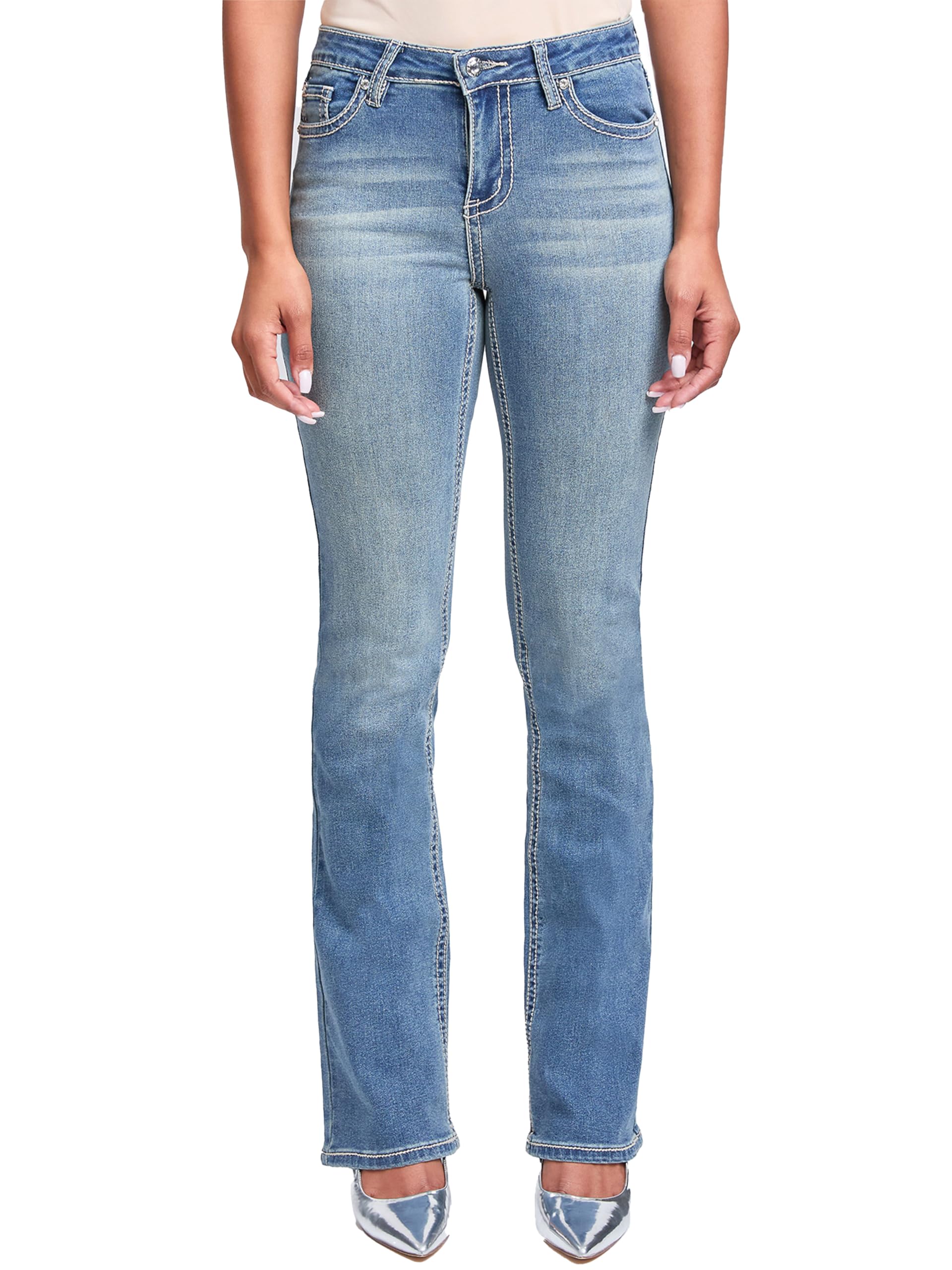 YMI Women's Heavy Stitch Mid Rise Bootcut Stud Jeans