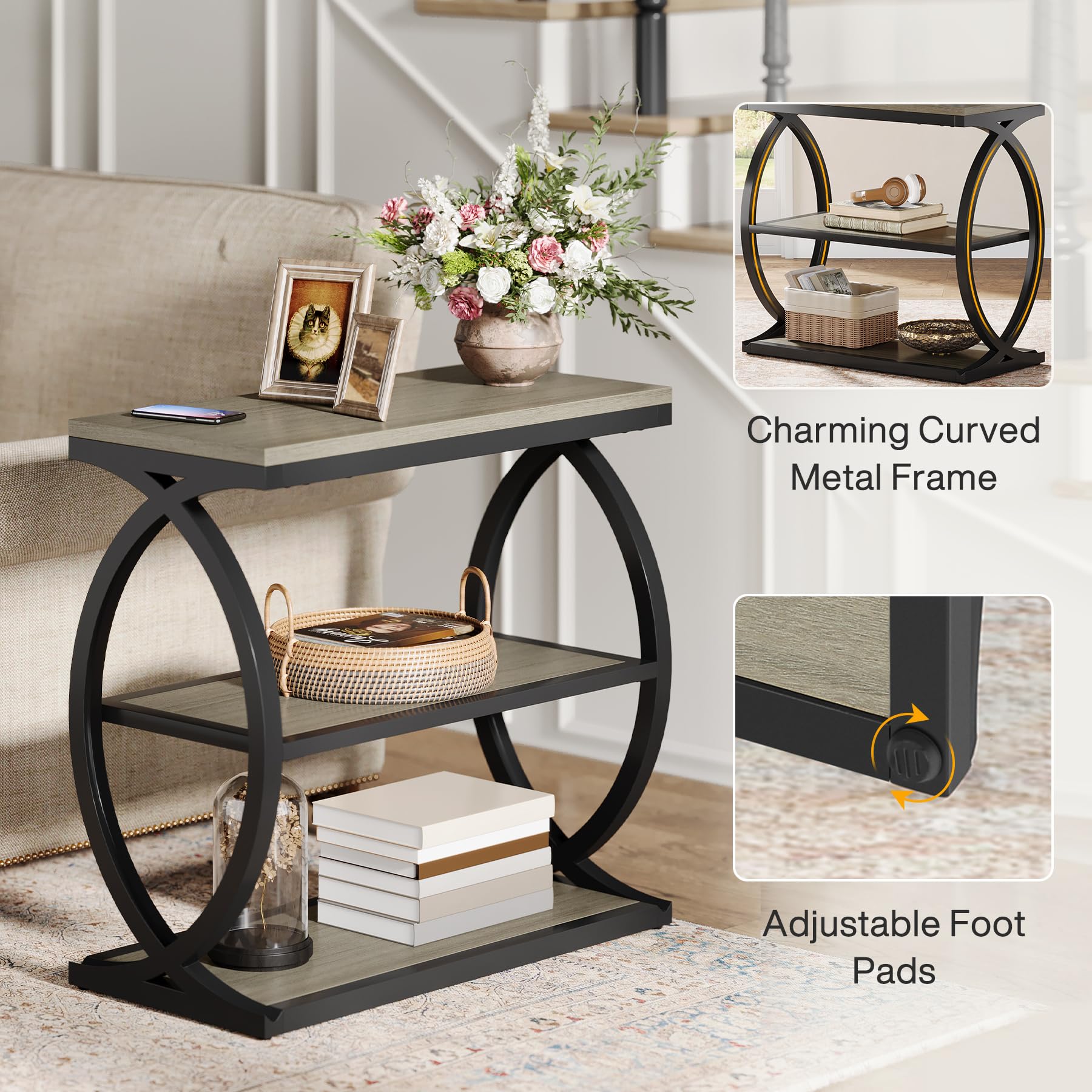 Tribesigns 3-Tier Narrow End Table, Side Table, Bedside Nightstand, Grey | Industrial Wooden with Metal Frame, For Living Room Bedroom, Small Spaces