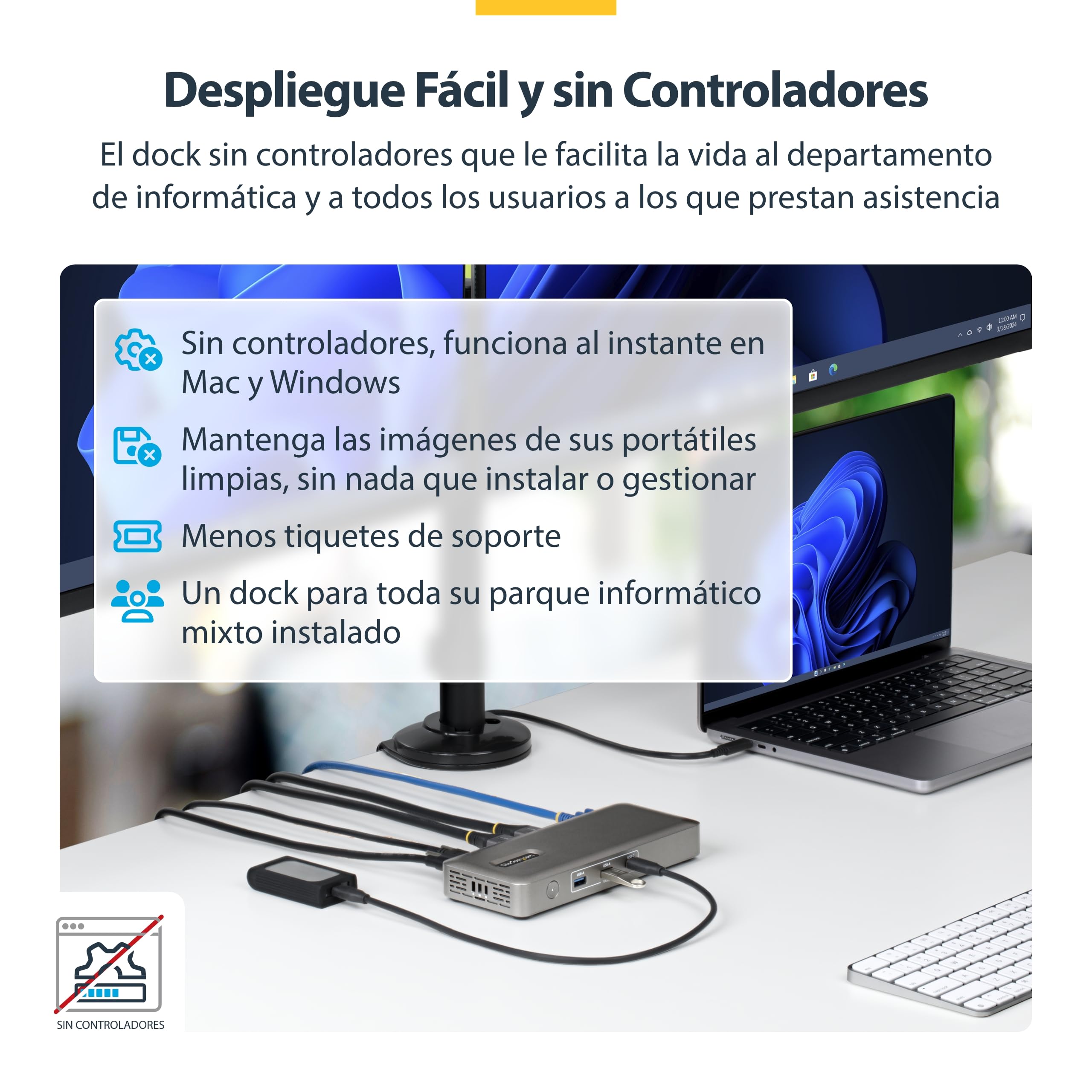 StarTech Dock USB4 Universal, 4K 144Hz Doble o 8K 60Hz DisplayPort, 100W | 4K 144Hz doble u 8K 60Hz, Ethernet de 2,5Gbps, Arranque PXE y Wake-on-LAN, Ranuras de bloqueo, Montaje VESA
