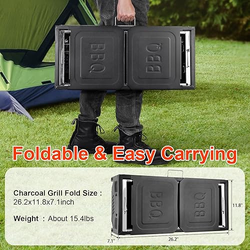 Miniatura 6 de Parrilla de carbón portátil  Parrilla plegable de 26 pulgadas, parrilla Hibachi, parrilla de barbacoa al aire libre para patio trasero, camping,