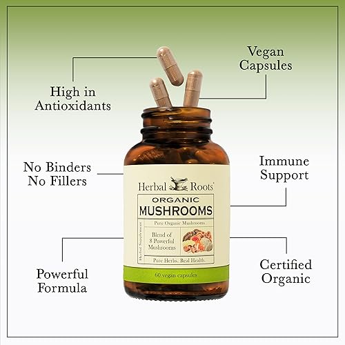 Miniatura 4 de Herbal Roots Cápsulas orgánicas de suplemento de mezcla de hongos 8 - Extractos corporales 100% fructíferos - Bienestar e inmunidad - 60 cápsulas