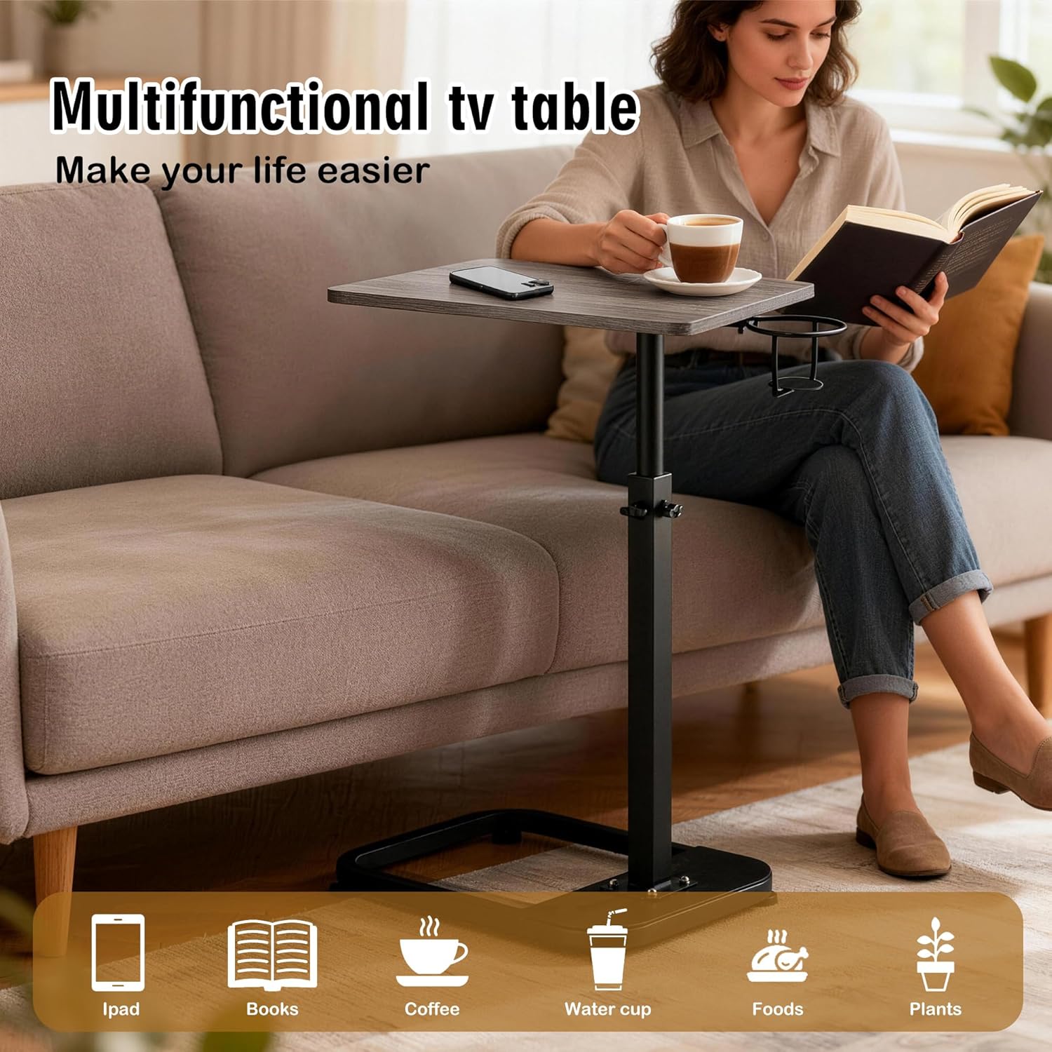 facka Adjustable Gray TV Tray Table with Rounded Metal Corners, C-Shaped Snack Table for Couch, Sofa, Bed or Chair, Small Space Side Table for Eating, Dinner, or Laptop Use