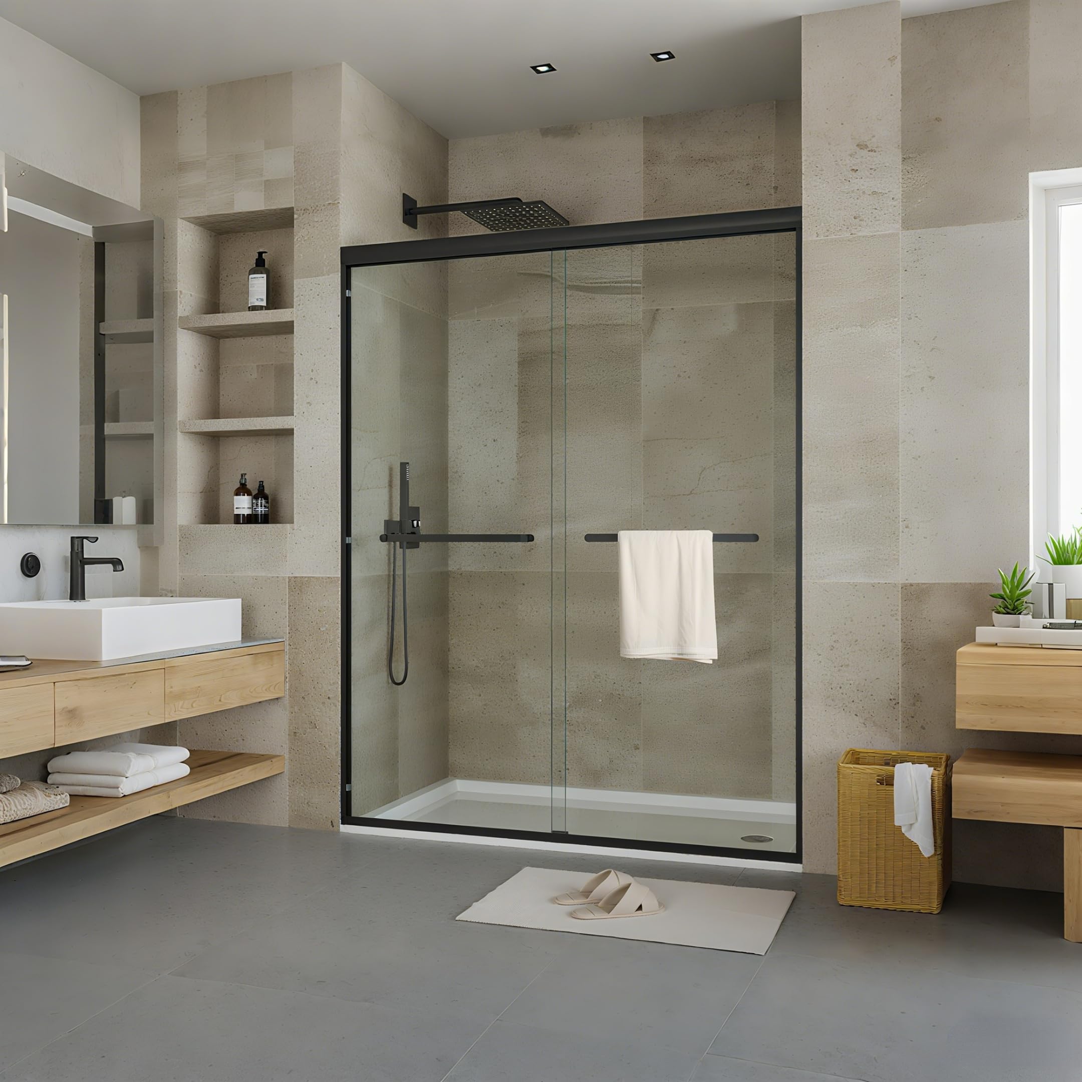 48" W x 72" H Single Sliding Shower Door - Bypass Space Saving Design with 1/4” Clear Tempered Glass &amp; Aluminum Alloy Frame, Easy Installation &amp; Reversible Hinges, Matte Black Finish