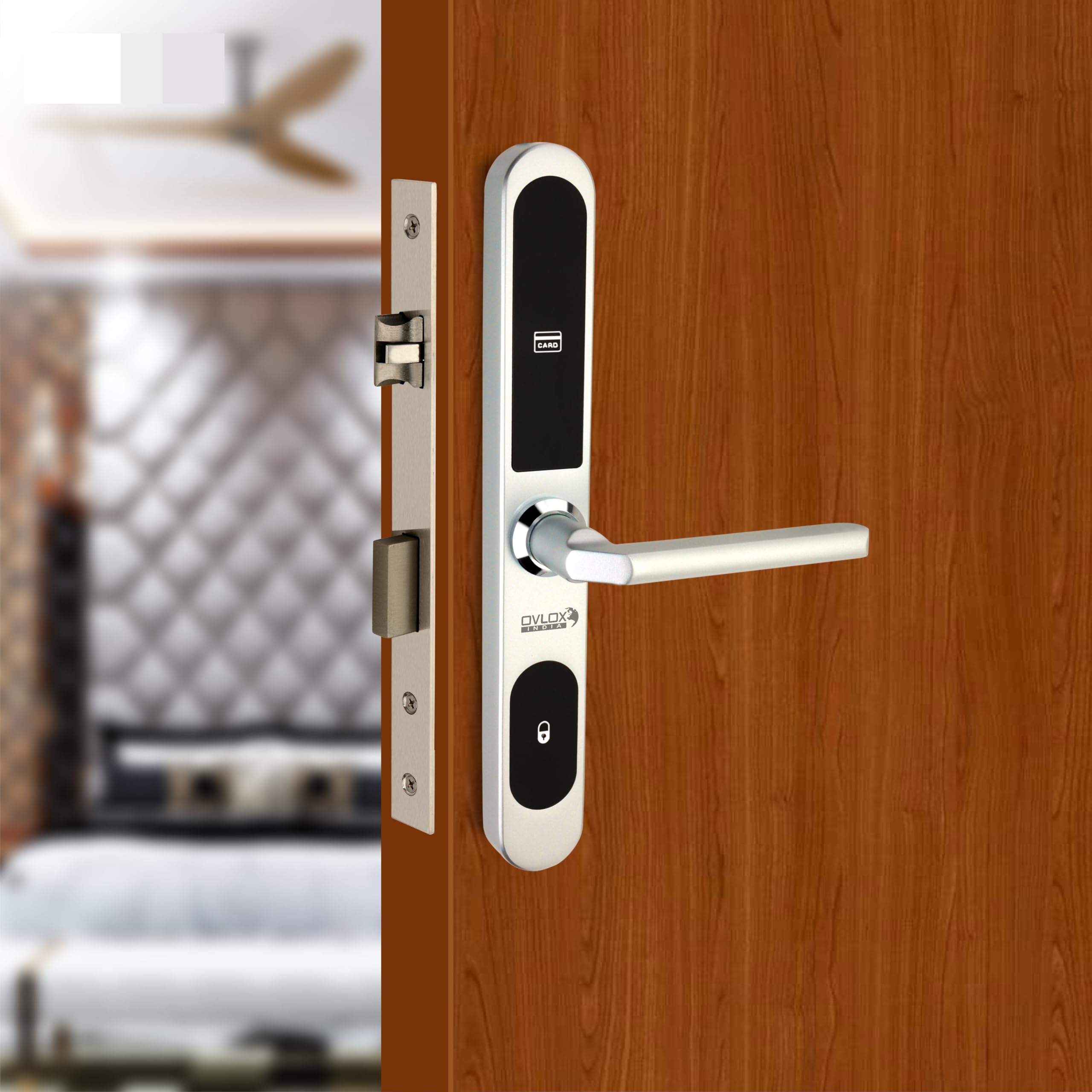 Ovlox India OS-104 Digital Door Lock | 4-in-1 Smart Access β Fingerprint, PIN Code, RFID Card & Mechanical Keys | for Metal & Wooden Doors | Battery Operated | Sleek Black Design | 2 Years Warranty