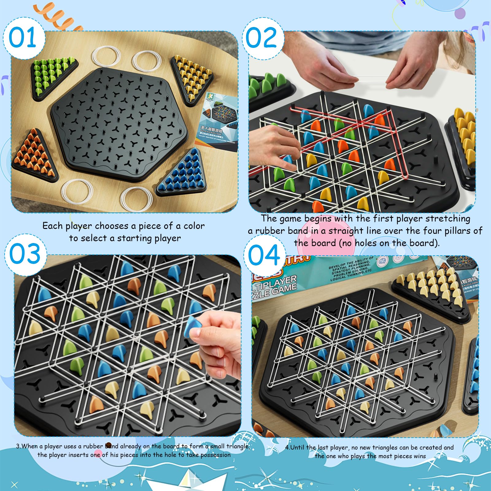 Catene in Legno Triangolo Gioco di Scacchi, 2-4 Giocatori, Chain Triangle Chess Game, Scacchiera Intellettuale per Bambini, Giochi da Tavolo da 3 4 5 6 8 10 Anni