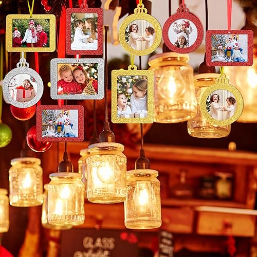 Miniatura 7 de Queekay 48 adornos navideños para colgar fotos, marco de fotos para árbol, marco de fotos pequeño con purpurina para bricolaje, manualidades,