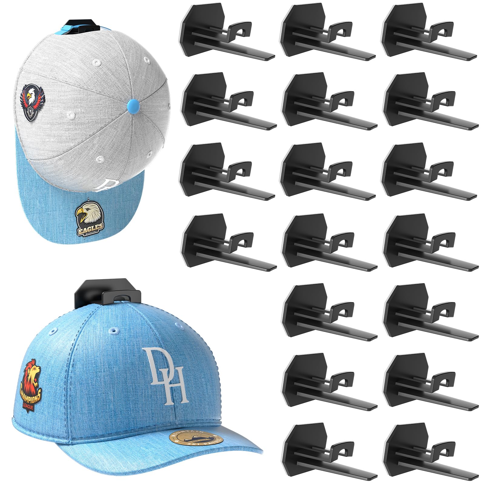 Adhesive Hat Rack for Wall (18-Pack) - Hat Orgainzer for Baseball Caps, Minimalist Hat Hooks Display, Strong Hat Holder for Closet, Door - No Drilling, Black