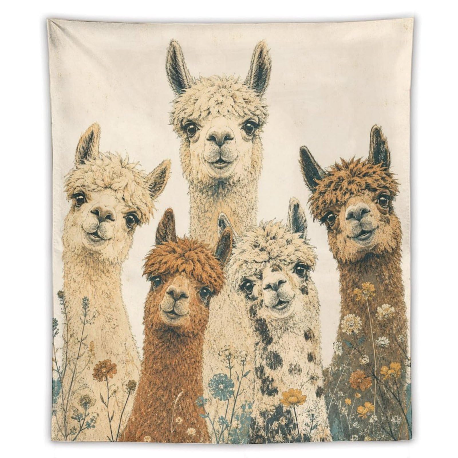 W7C8U2X3 Alpaca Family Portrait Wall Tapestry, Watercolor, Ceiling Hanging