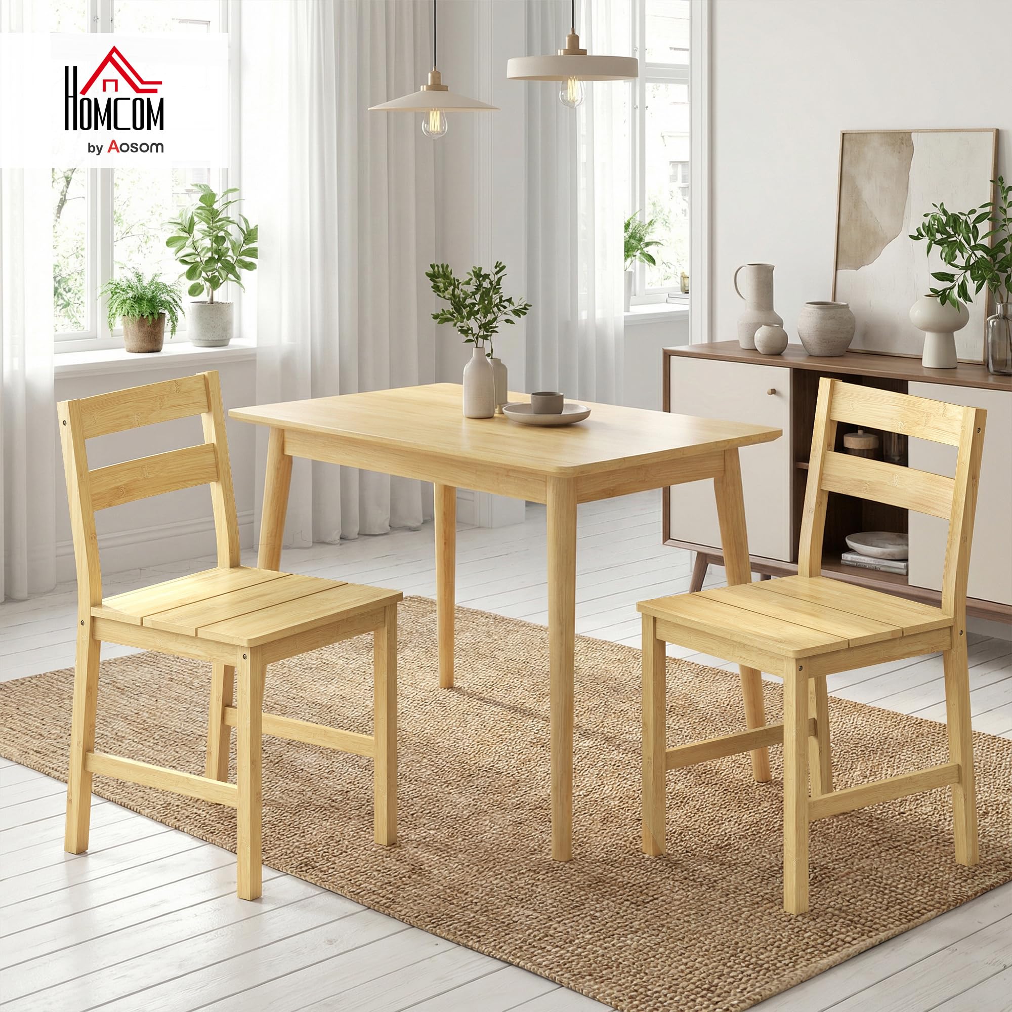 HOMCOM Lot de 2 chaises de Salle à Manger en Bambou, chaises de Cuisine sans accoudoirs avec Assise à Lattes et Dossier incurvé, pour Salon, Maison, Effet Bois Naturel