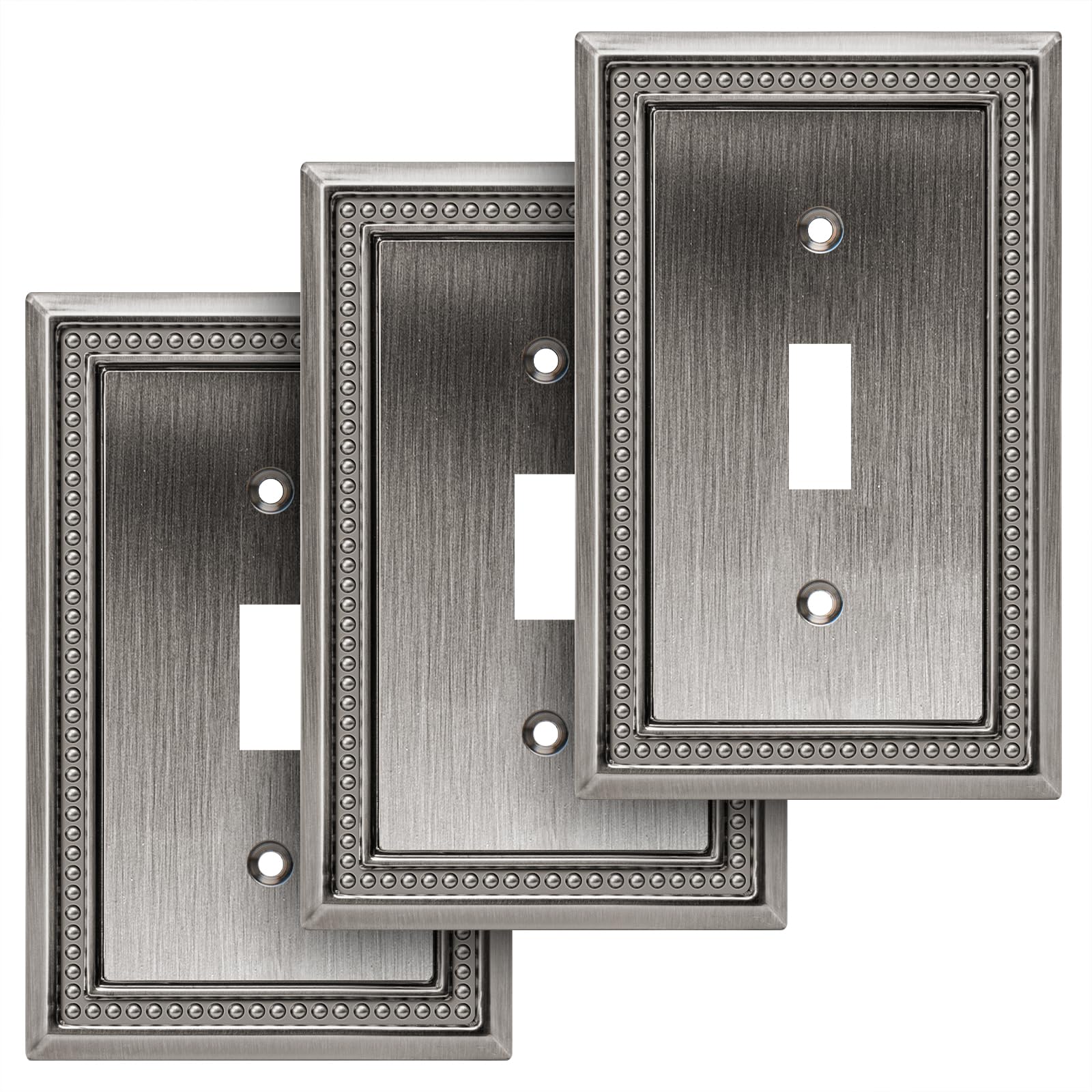 Henne Bery Sunken Pearls Heavy Duty Decorative Wall Plate Switch Plate Outlet Cover (Single Toggle, 3 Pack, Heirloom Silver)