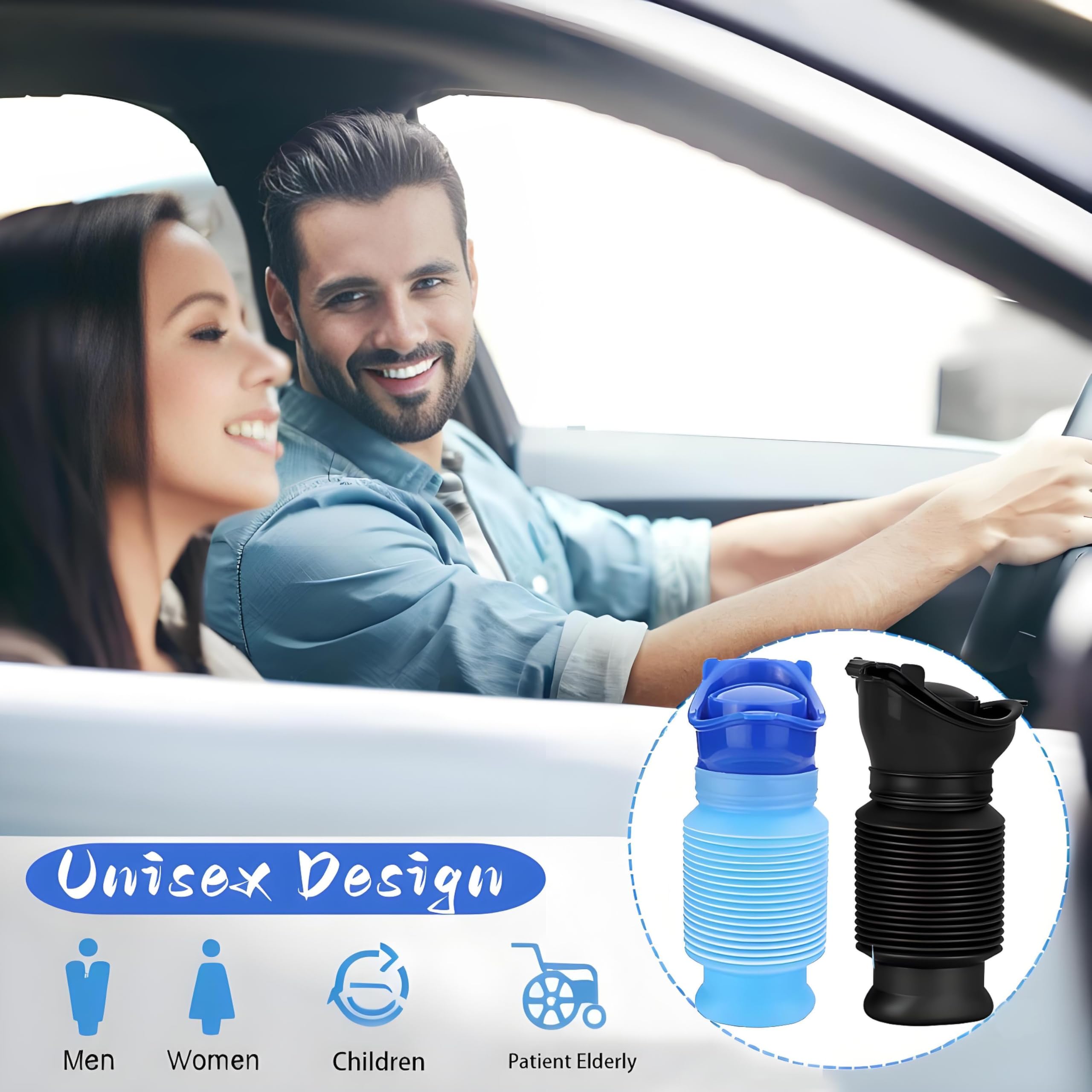 QOWMMYID 2 Packs Emergency Urinal, Collapsible Portable Urinal with Silicon Female Funnel,Outdoor Travel,Camping,Shrinkable Mobile Toilet Potty Pee Bottle for Kids Adult (Blue+Black)