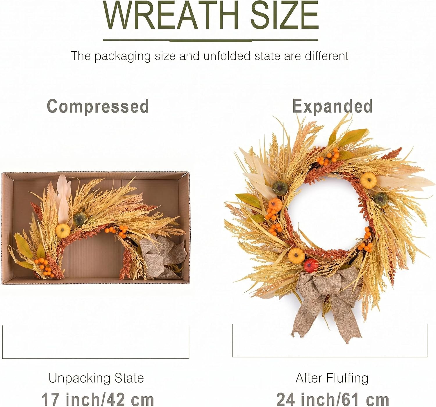 DecorbyHannah Fall Wreath for Front Door Outside, 24'' Collapsible Pre-Lit Rustic Farmhouse Autumn Harvest Door Wreath with Pumpkin Wheat Burlap Bow, Outdoor Fall Decorations for Home Mantel Porch