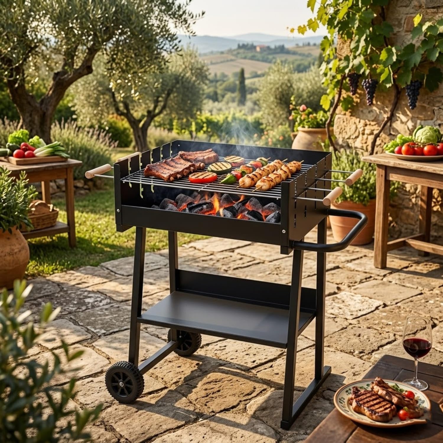Barbecue A Carbone Con Griglia Regolabile In Altezza Struttura In Acciaio Termoresistente Ripiano Portaoggetti E Ruote Per Giardino Terrazza E Outdoor Cooking 87 x 52 x 90 Cm Nero