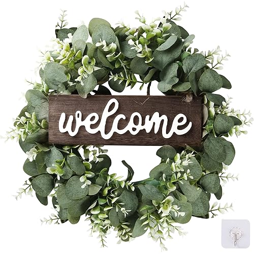 Sggvecsy 16in Artificial Eucalyptus Wreath with Welcome Sign Green Eucalyptus Leaf Wreath Greenery Wreath Round Leaves Wreath for Front Door Wall Window Festival Farmhouse Porch Patio Garden Decor