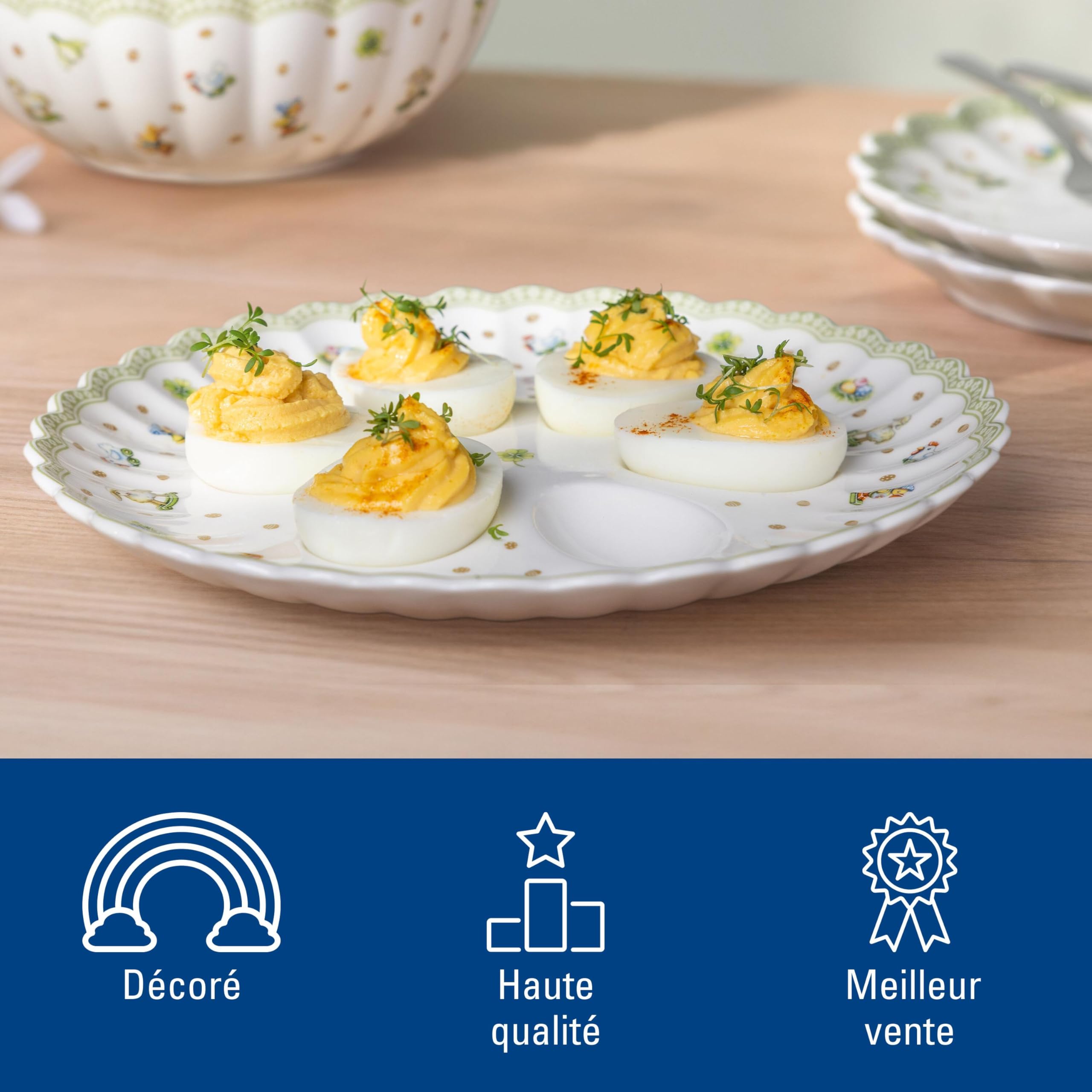 Villeroy & Boch – Easter Delight assiette à œufs, porcelaine Premium, motifs de Pâques rétro, détails dorés, assiette pour 6 œufs, décoration de Pâques