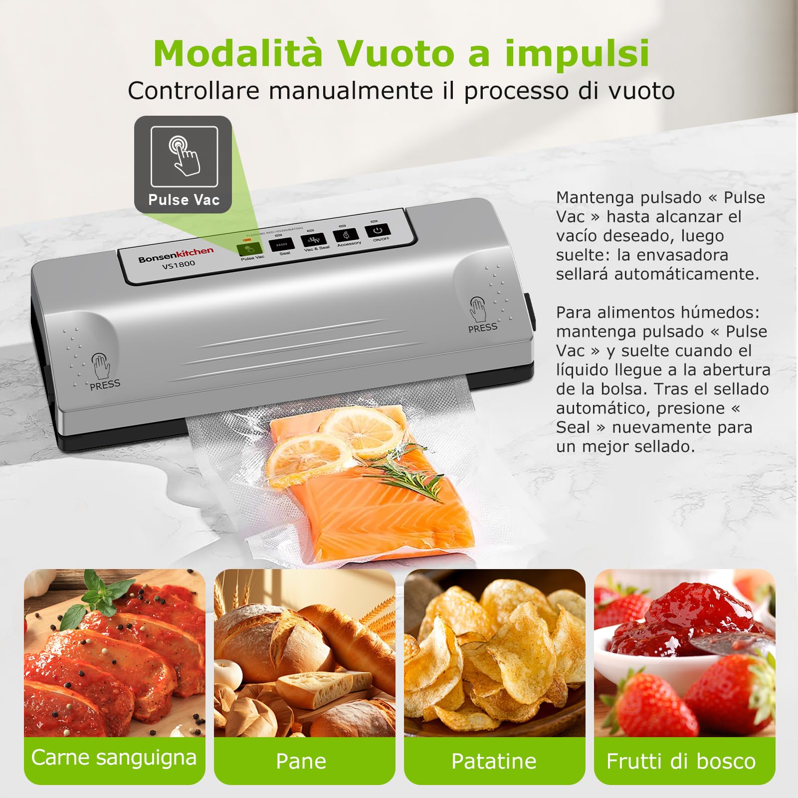 Bonsenkitchen Macchina Sottovuoto, Saldatura Robusta 30 cm, Funzione Pulse per Cibi Umidi, Kit Aspirazione Esterna, Uso Continuo con Protezione Termica, con 5 Sacchetti, VS1800