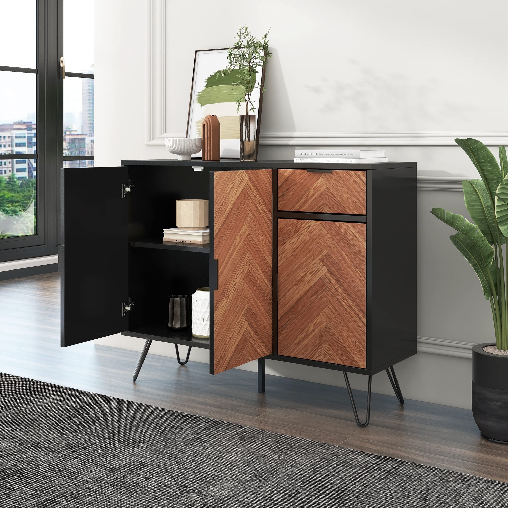 ZYLOYAL10 Kleine Schränkchen, Sideboard, Schränkchen, strukturierte Kommode, 90 x 72 x 30 cm (Schwarz und Holz) Küche, Haushalt & Wohnen