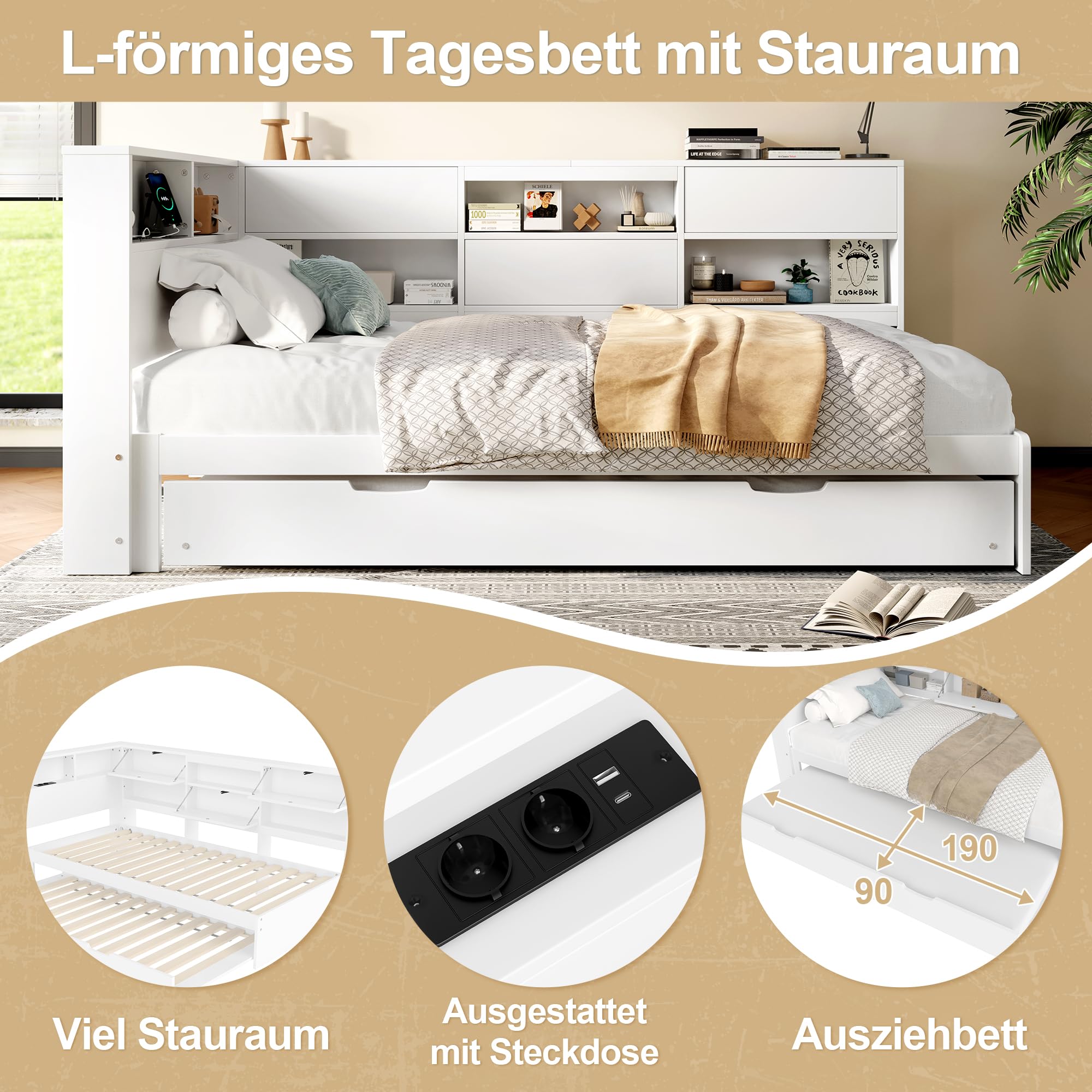 Divano letto, 90 x 200 cm, testiera con vano portaoggetti, letto estraibile, senza materasso, bianco