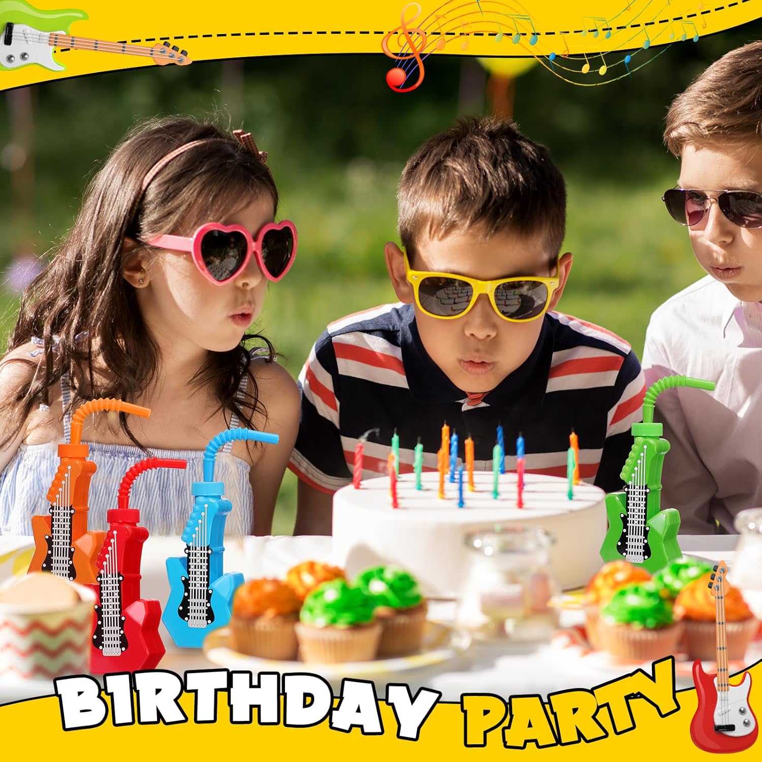 Tanlade 24 Pcs Electric Guitar Cups with Straws 10 oz Plastic Music Theme Cups Rock and Roll Party Favors Retro 80s 90s Birthday Party Supplies for Musical Birthday Baby Shower Guitar Lovers Gifts