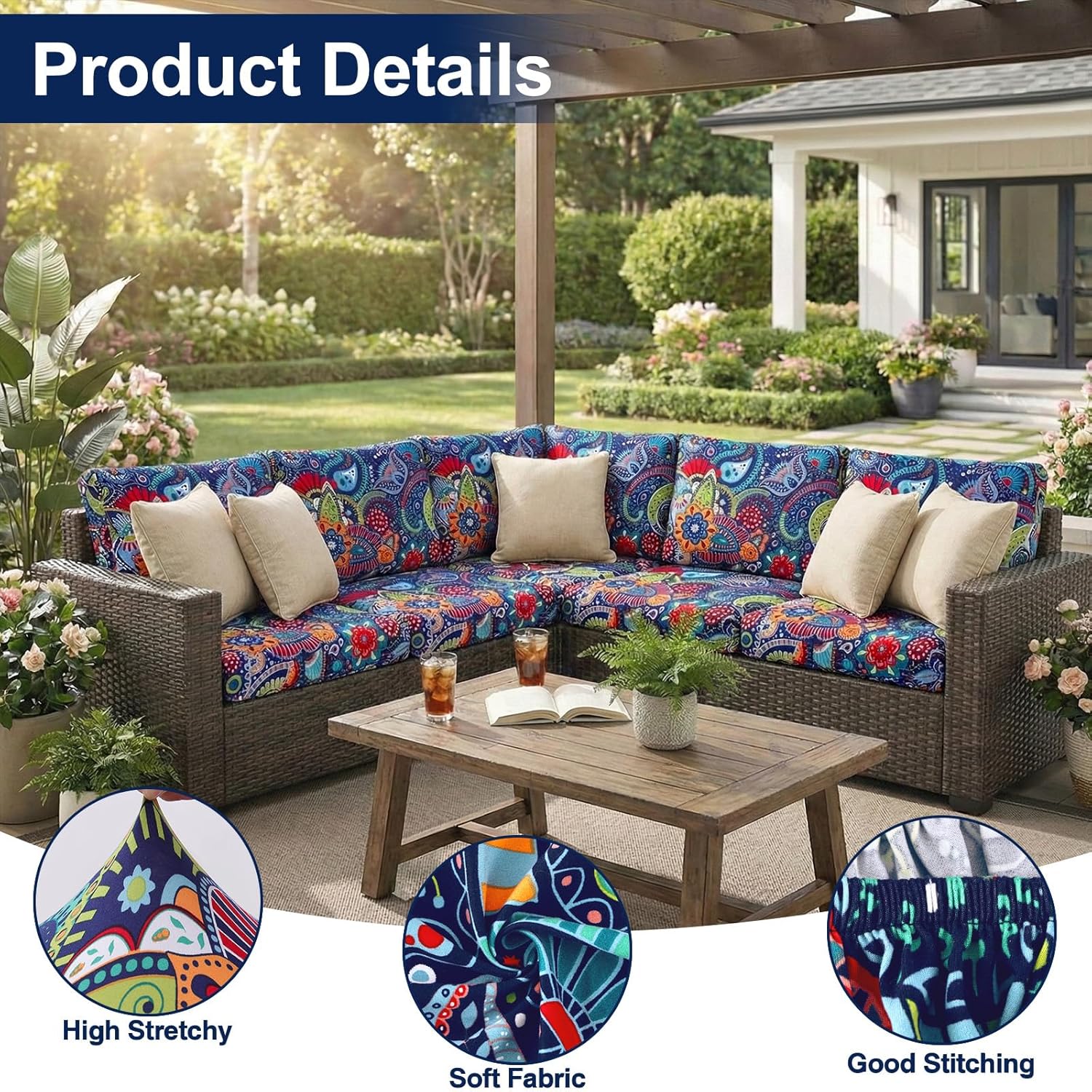 Smiry Waterproof Patio Cushion Covers, Stretch Outdoor Couch Slipcovers Replacement Washable Furniture Protector Sofa Chair Seat Cover for Dogs and Pets (12 Pcs, Blue Green)