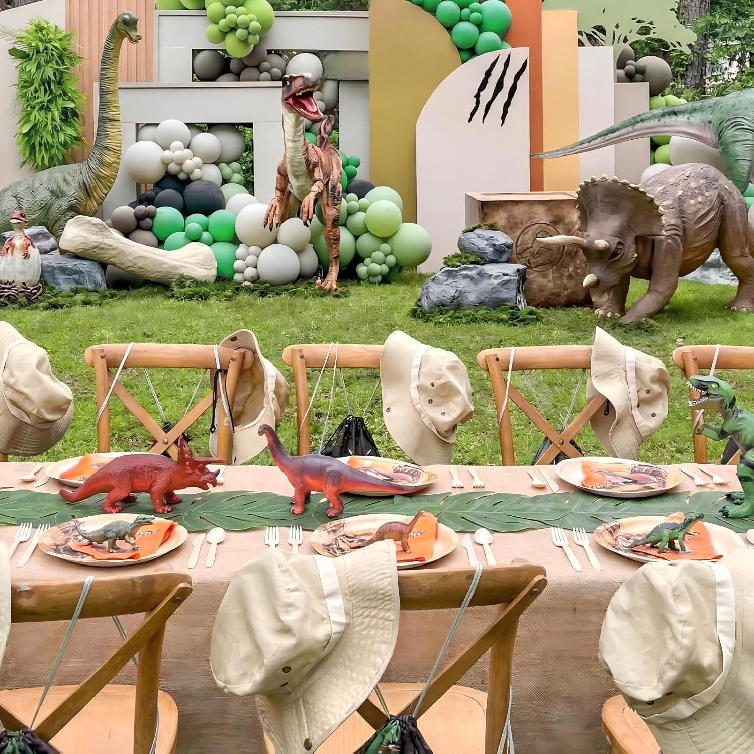 Moukeren 2 Pcs Dinosaur Party Decorations Set Artificial Palm Leaves Table Runner 70" x 11" and Large Burlap Tablecloth 105" x 53.9" Tropical Party Supplies for Birthday Jungle Hawaiian Table Decor