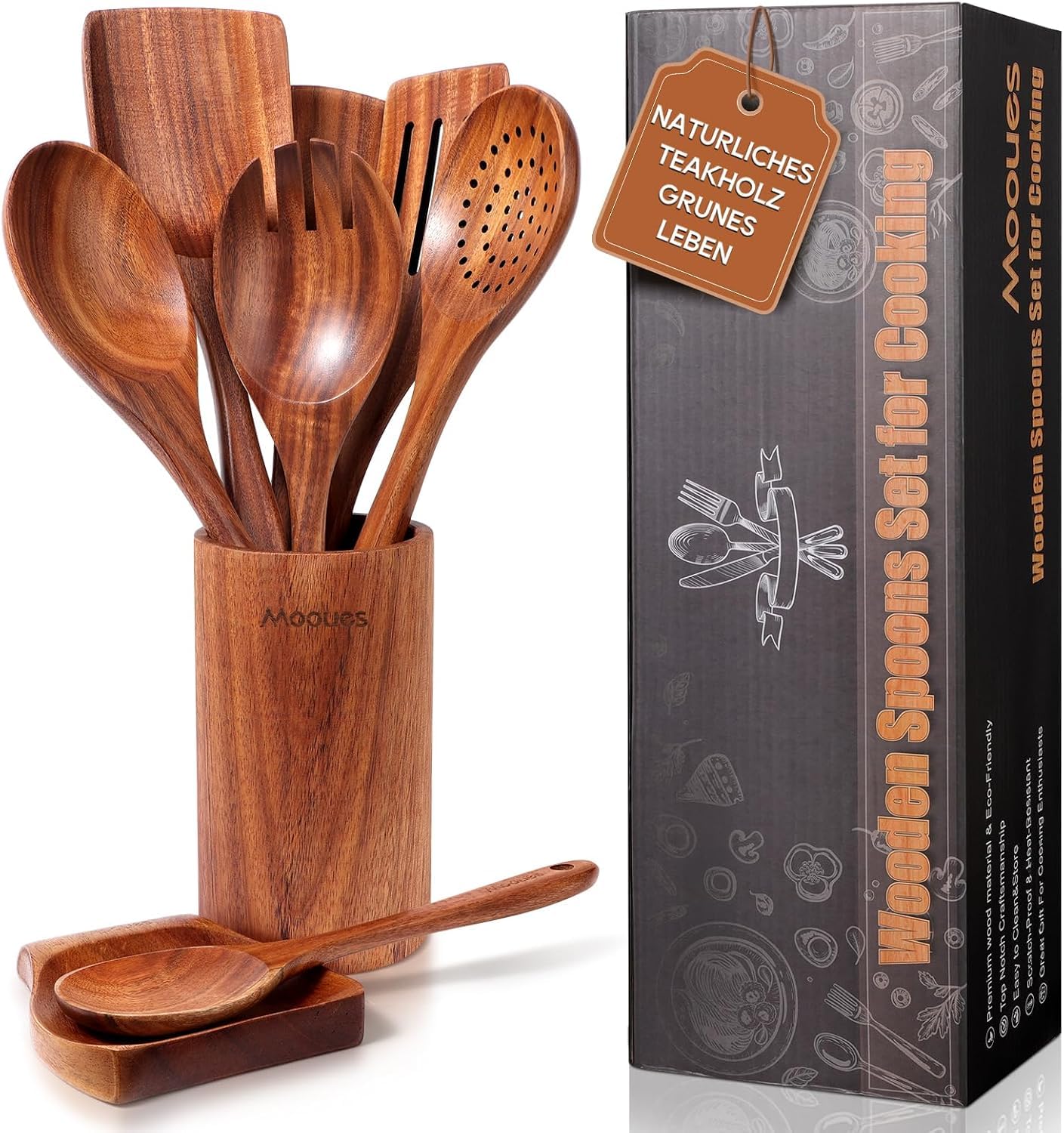 Mooues Kochlöffel Holz Set aus natürliches Teakholz, 9 Stück Küchenhelfer Set mit Halter, Holzlöffel, Pfannenwender, Salatbesteck und weitere Küchenutensilien, Hochwertig und Nachhaltig