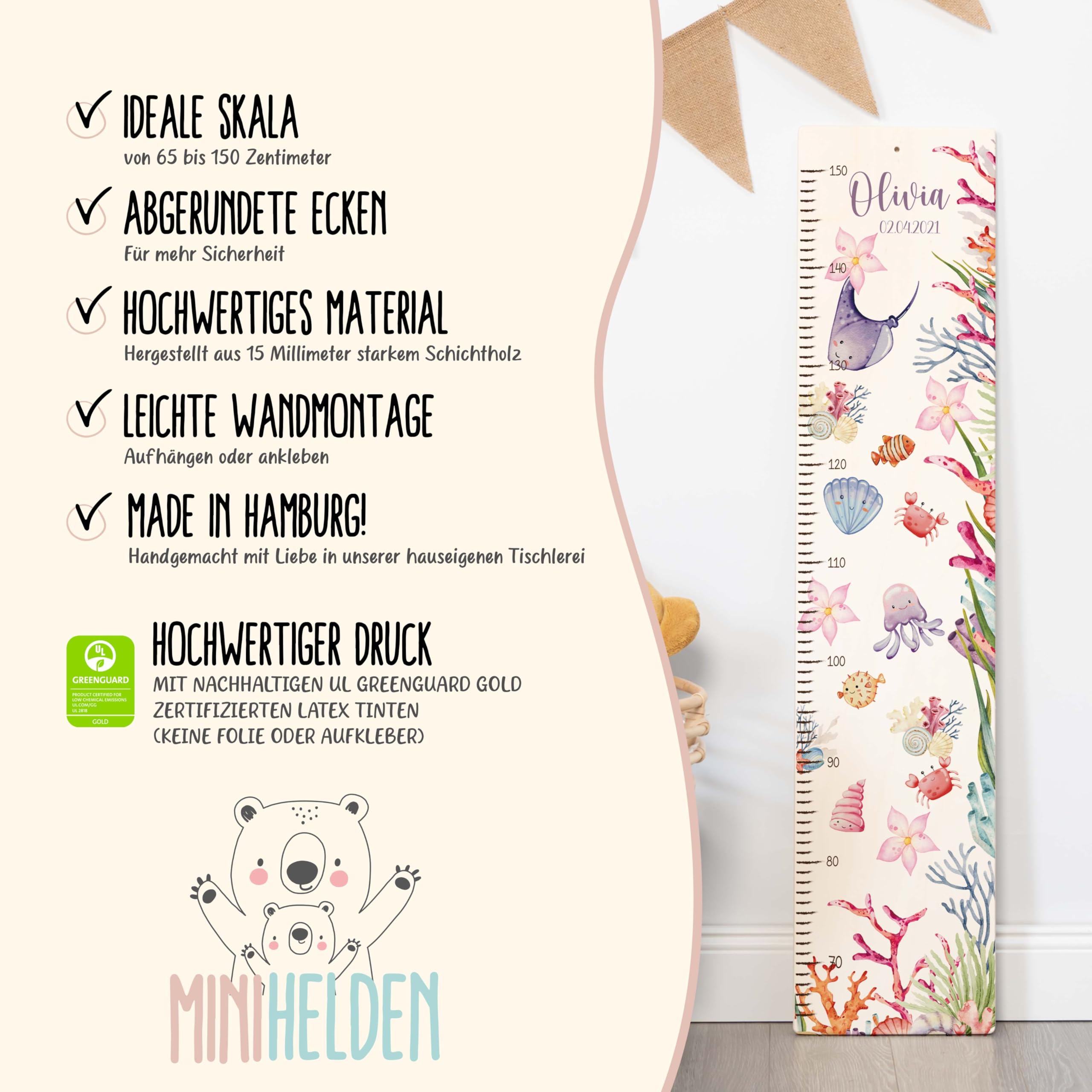 Personalisierte Messlatte Kinder 70-150 cm - Einzigartige Kinderzimmer Deko Mädchen und Jungen, Größenmesser Kinder mit Namen