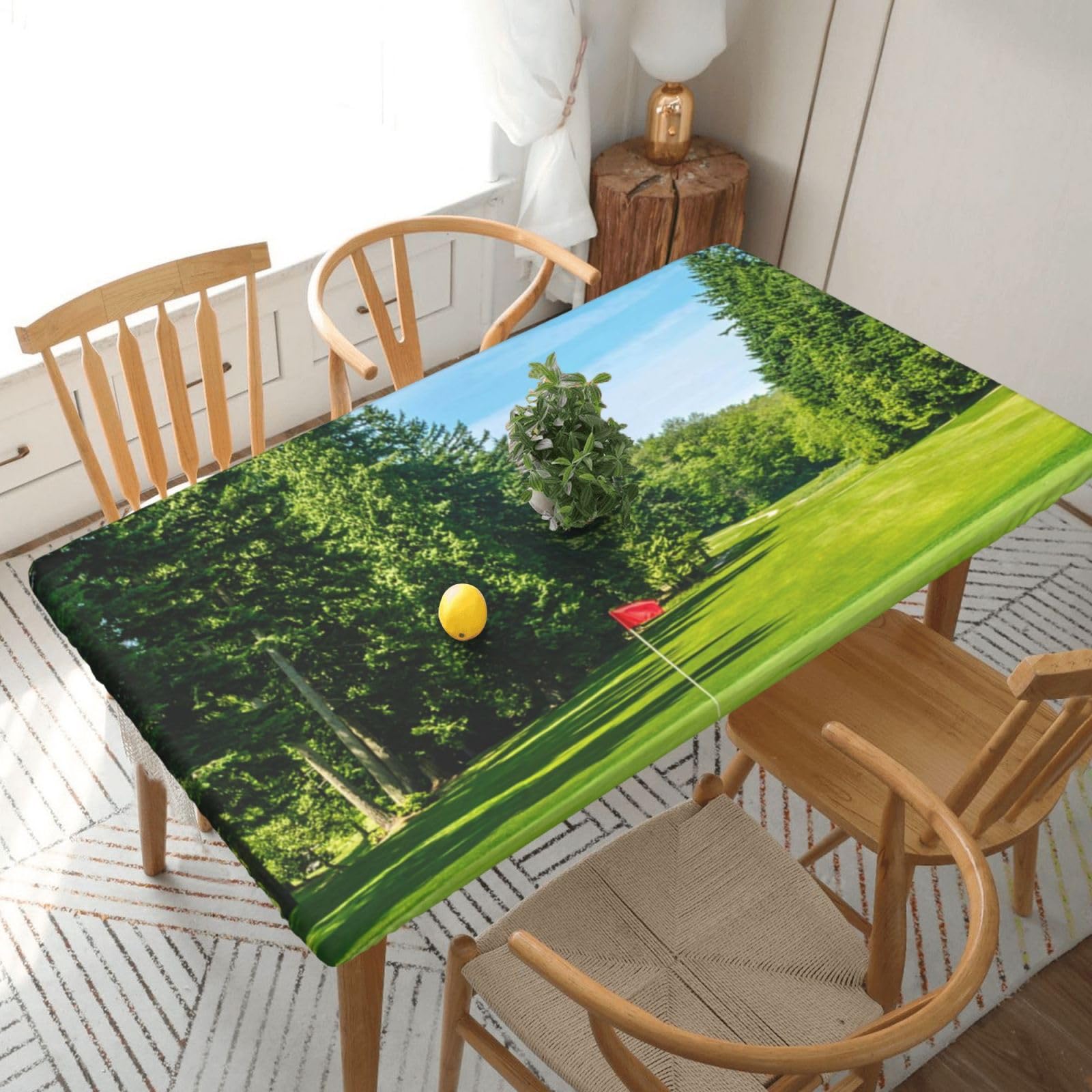 DCEHGEW Elastic Fitted Rectangle Tablecloth for 5ft Tables, Golf Course Lawn Printed Oilproof & Washable Fabric Picnic Table Cloth Table Covers