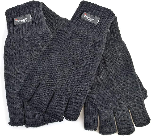 2 Pairs Mens HeatGuard Fingerless Gloves Black Thermal 3M Thinsulate Lining Thick Stretch Winter Sports Size M/L