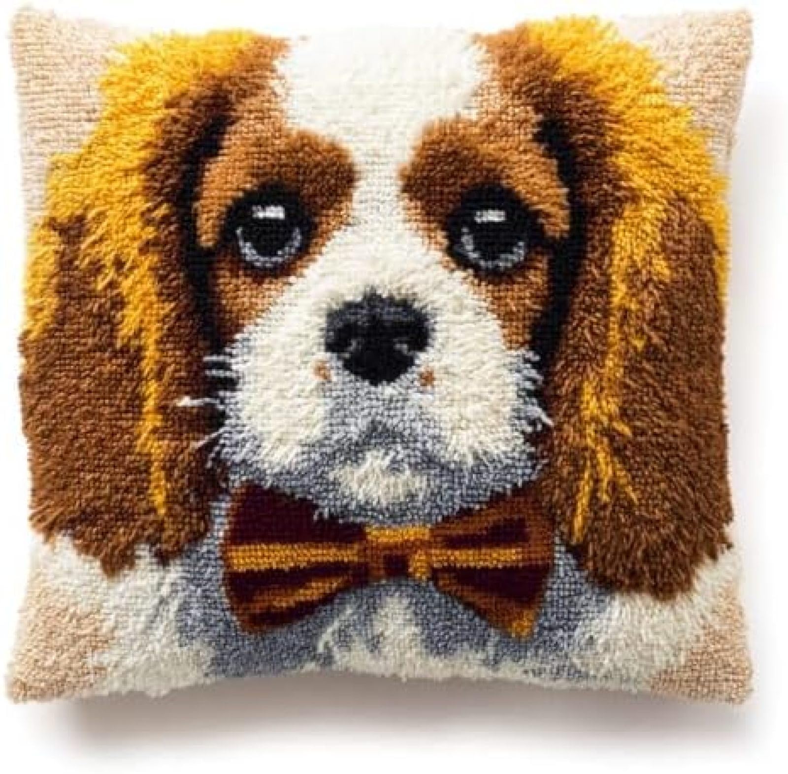 kitphoenix DIY Latch Hook Cushion Kit for Adults,Cavalier King Charles Dog Bow Tie,Handmade Cushion Cover Craft Set,Creative Gift for Women with Yarn and Hook,43x43 cm