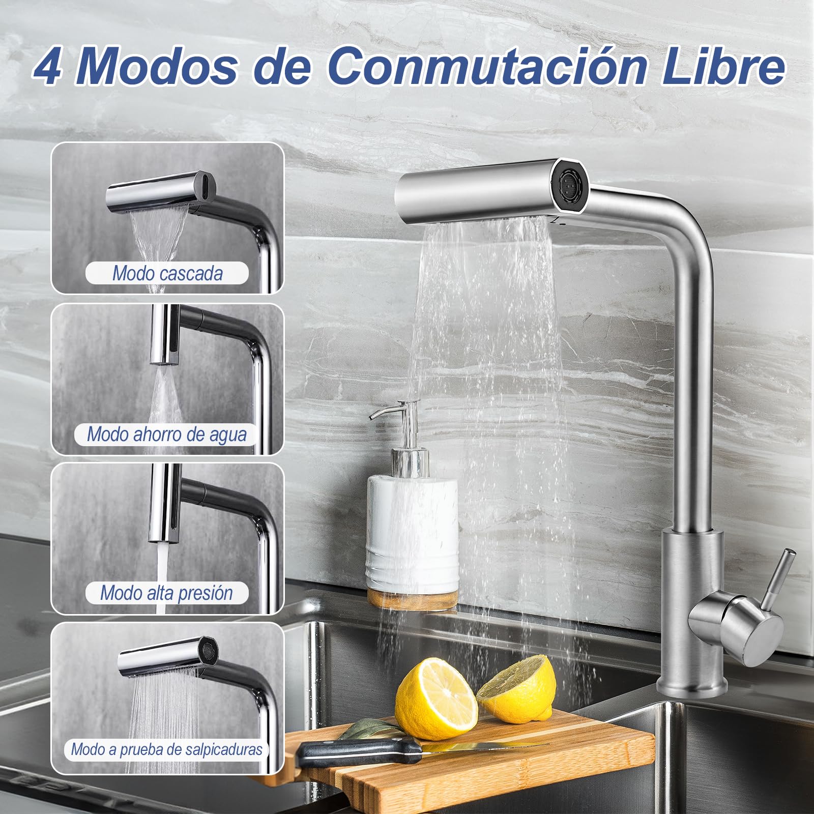 Cieex Grifo Cocina Extraible Conjunto de Grifo Cocina Con Manguera et Cinta De Teflon Grifos Monomando Cocina Fregadero de Acero Inoxidable 4 Modos de Rociador