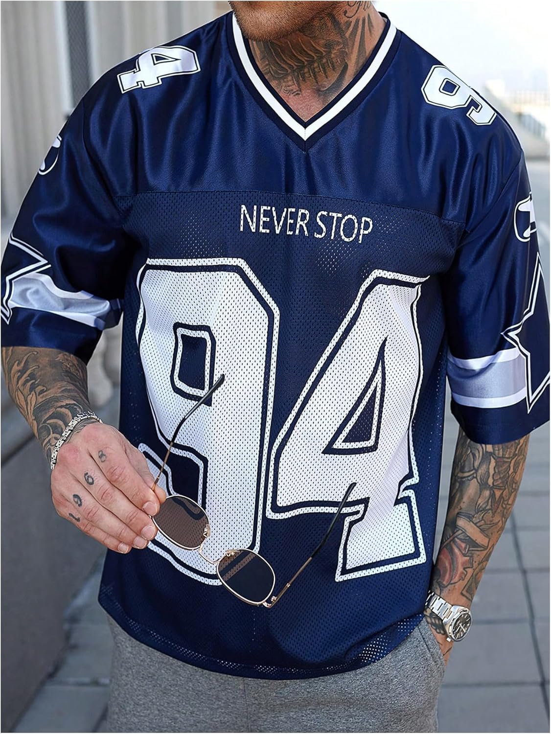 GORGLITTER Men's Number Letter Print Jersey Tees Tops Y2k Graphic Short Sleeve V Neck Summer Casual Oversized Tee Shirt - Image 5