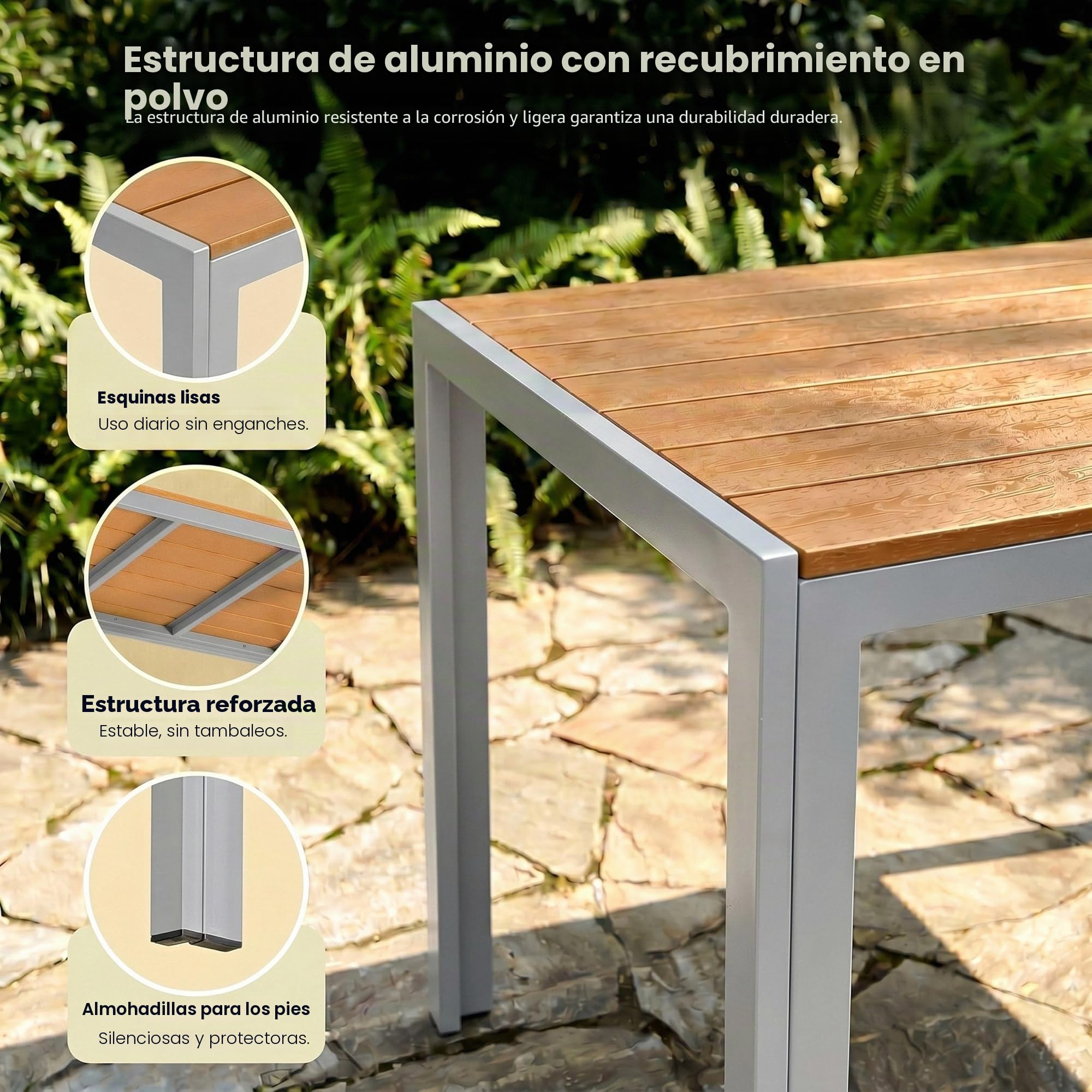 LIFERUN Mesa de Jardín 110x70 cm, Mesa de Terraza de WPC para 4-6 Personas, Mesa de Balcón Resistente a la Intemperie con Estructura de Aluminio, Diseño Aspecto Madera,Marrón Teca+Gris Claro