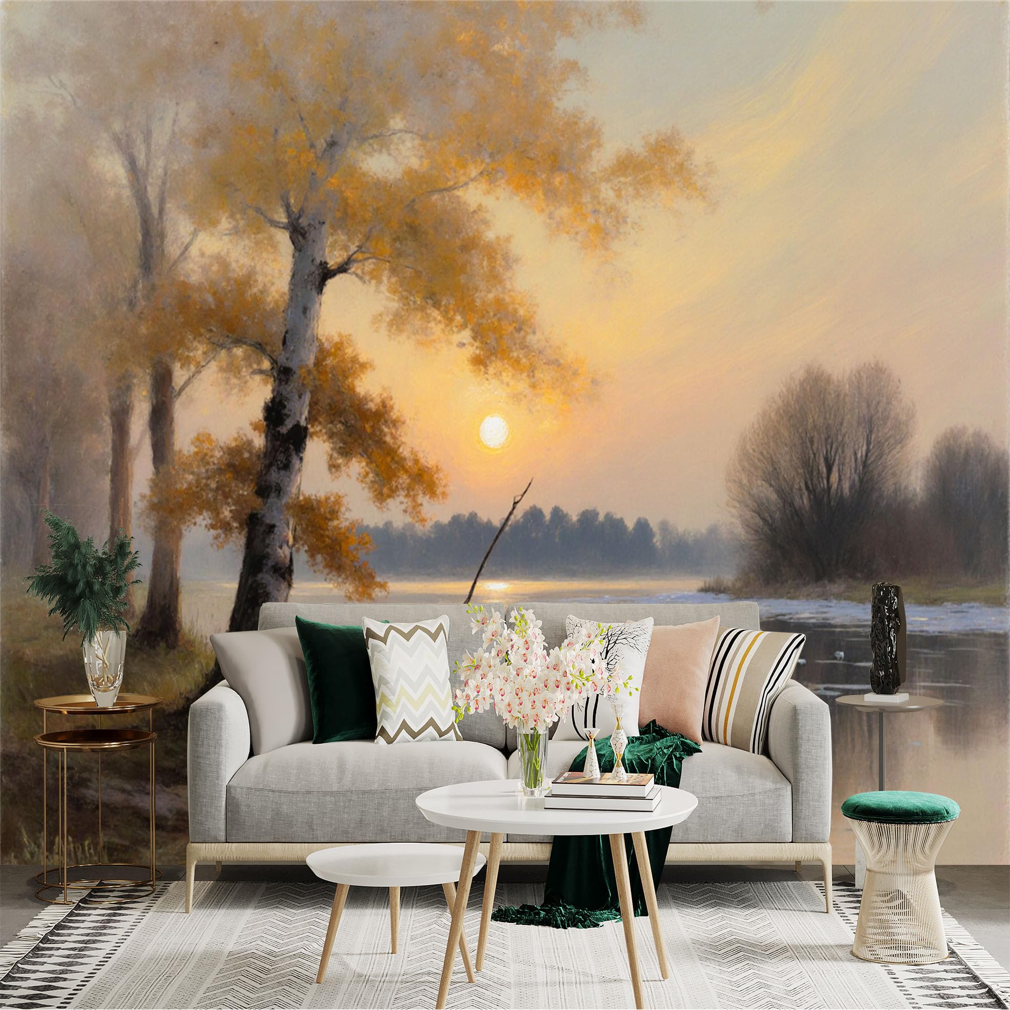 Custom Size Wall Sticker Mural， Autumn Lake with Trees and Sunset Reflection Landscape， for wall Decoration， peelandstick wall Decals.