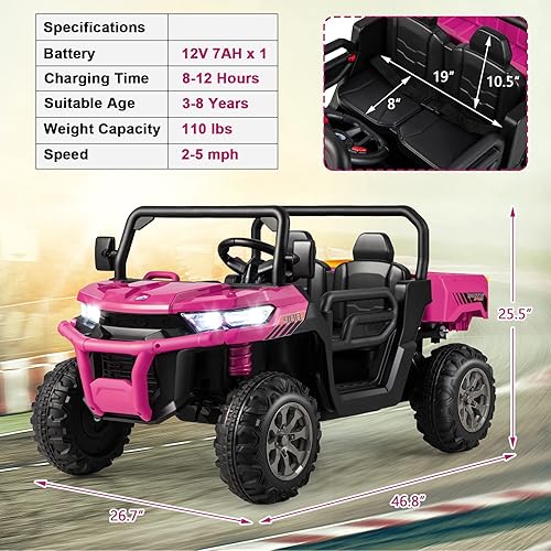 Miniatura 9 de HONEY JOY Auto de 2 plazas, camión volquete eléctrico todoterreno de 12 V con control remoto, cama volquete móvil, pala, música, suspensión de