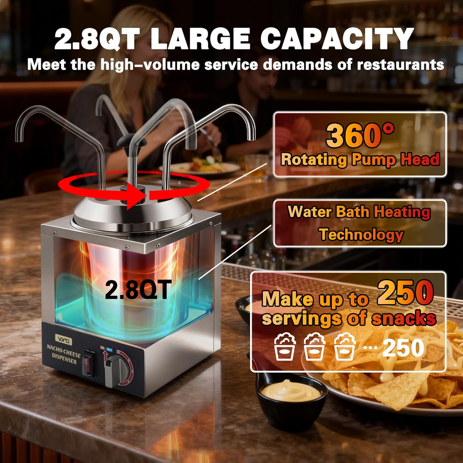 VONCI Nacho Cheese Dispenser, 2.8 Qt（2.5L）Nacho Cheese Warmer with Stainless Steel Pump, Hot Fudge Dispenser with 6-Level Temperature Control, Commercial Cheese Dispenser for Hot Fudge Cheese Caramel