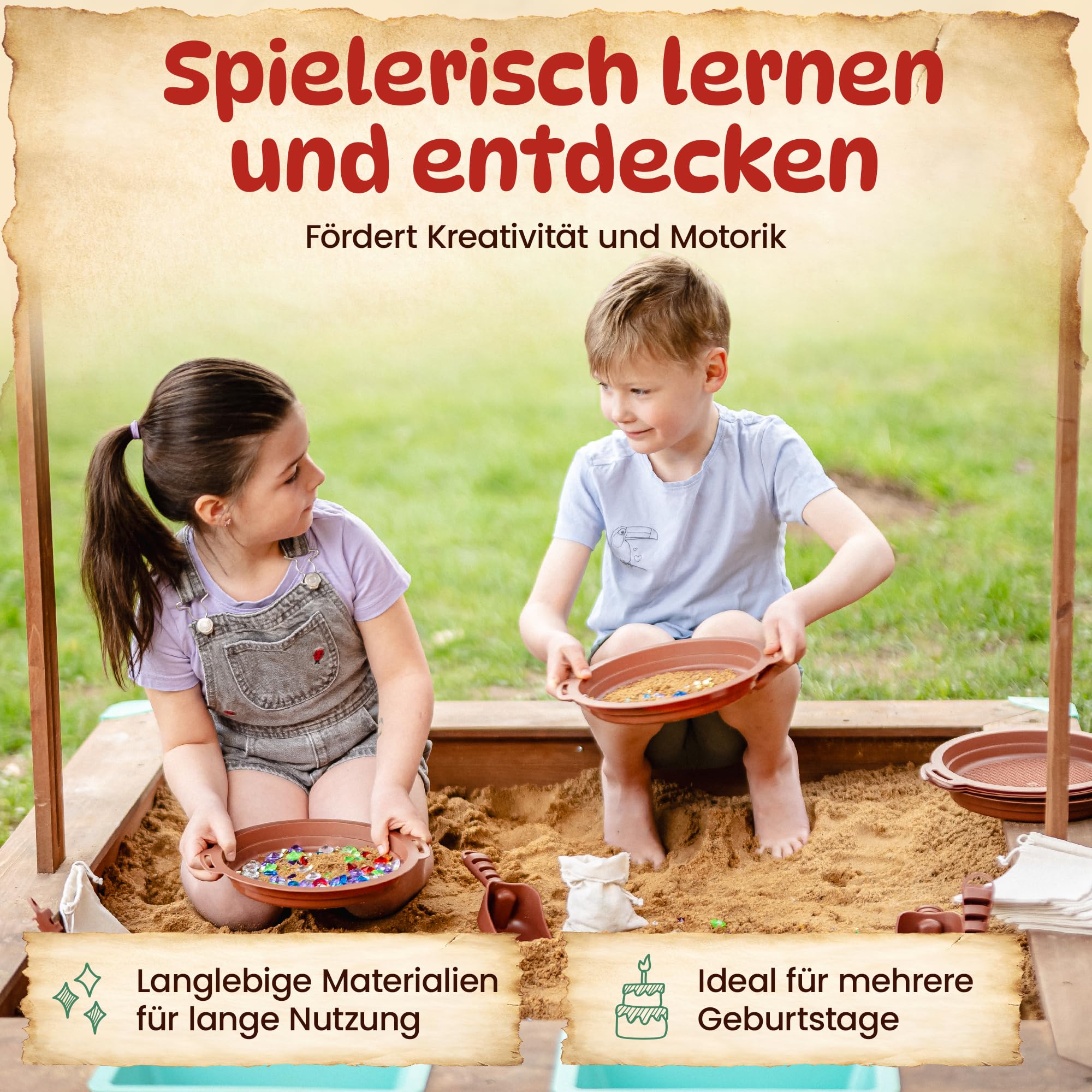 DIAGO Schatzsuche Kindergeburtstag - Outdoor Spiele Set für Kinder mit Edelsteinen, Schatzkarte und Sandkasten Spielzeug - Schnitzeljagd ab 3 Jahren