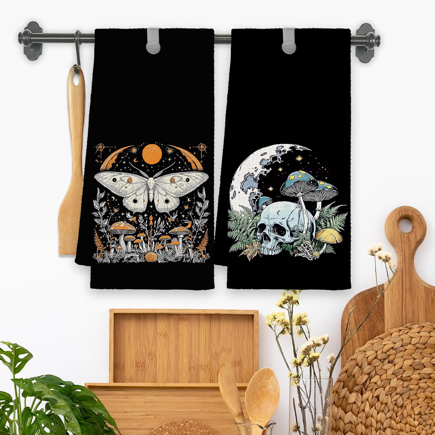 Black Gothic Kitchen Towels Set of 2, Skull Butterfly Hand Towels for Bathroom Skeleton Lovers, Moon Sun Goth Decorative Dish Towels Decor for Kitchen Dorm 16x24in with 2 Towel Clips image 4
