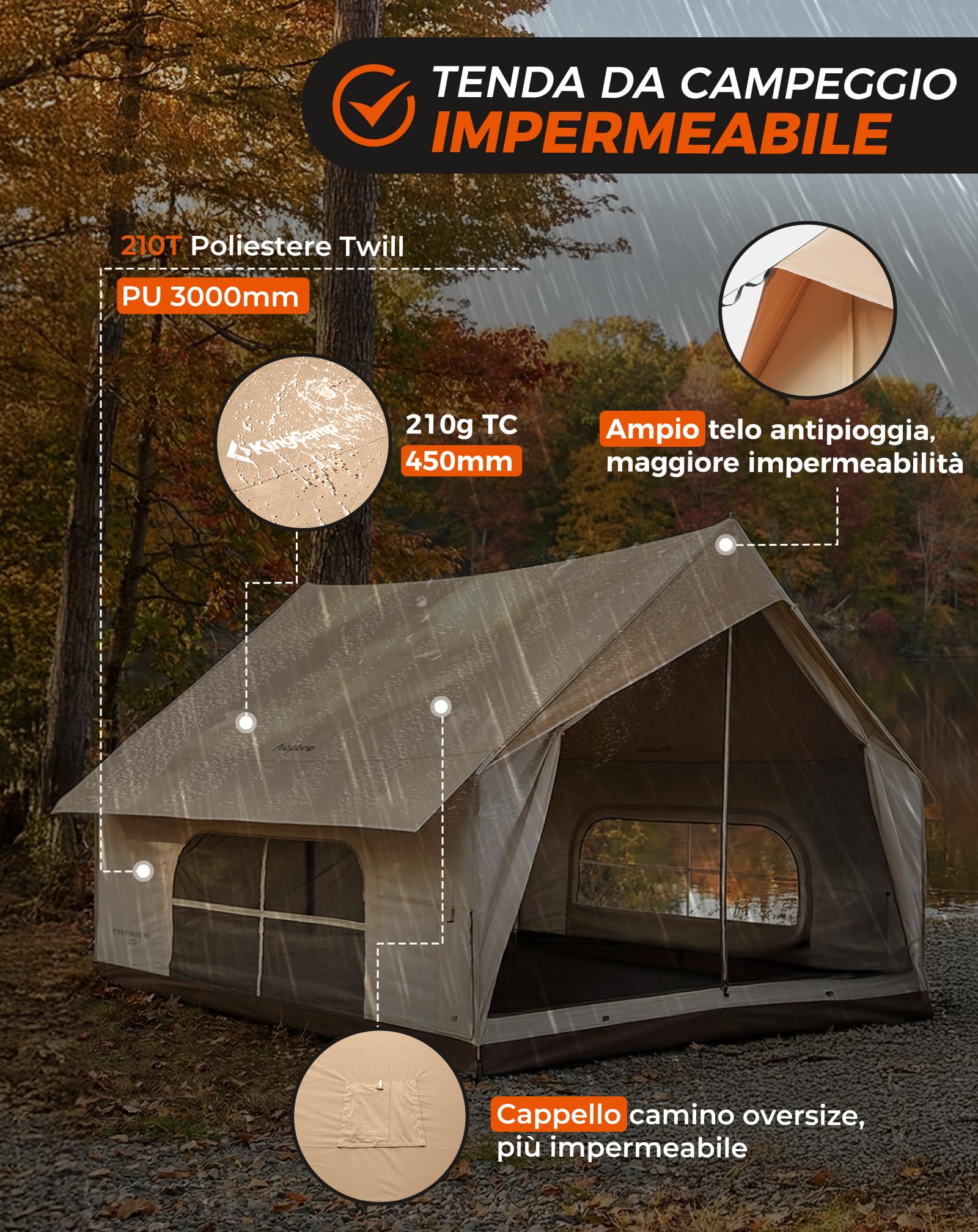 KingCamp 4-5 Persone Tenda,8㎡ Tenda Casa con Apertura Camino & Porta AC,Tenda Impermeabile 210g TC, 2 Porte 4 Finestre, con Copertura Ignifuga, Tenda 4 stagioni,per Campeggio Famiglia