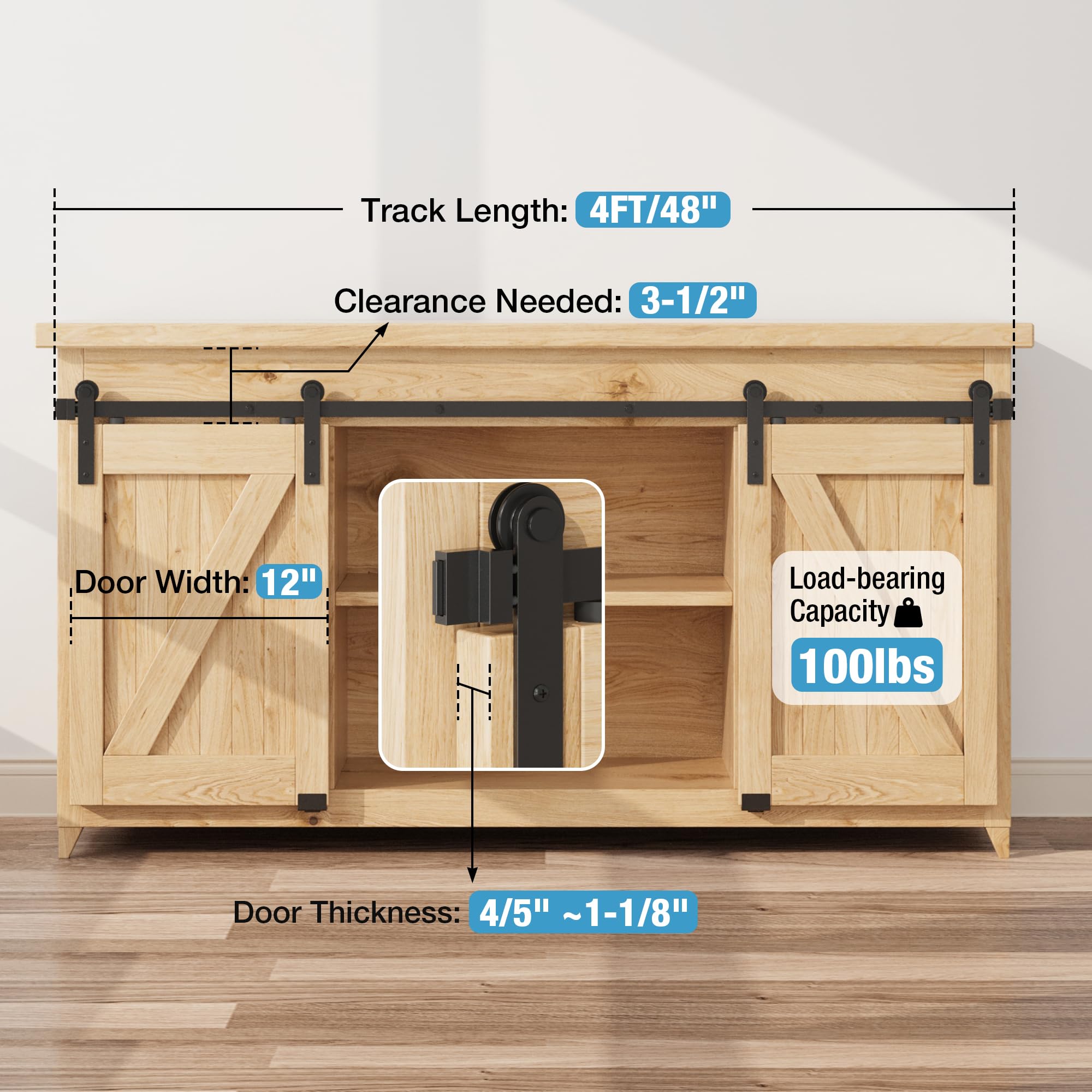 ZEKOO 4FT Mini Barn Door Hardware Kit, Small Sliding Double Barn Door Hardware Track Kit for Cabinets, Easy Install, I Shape Hanger (NO Cabinet) - 4