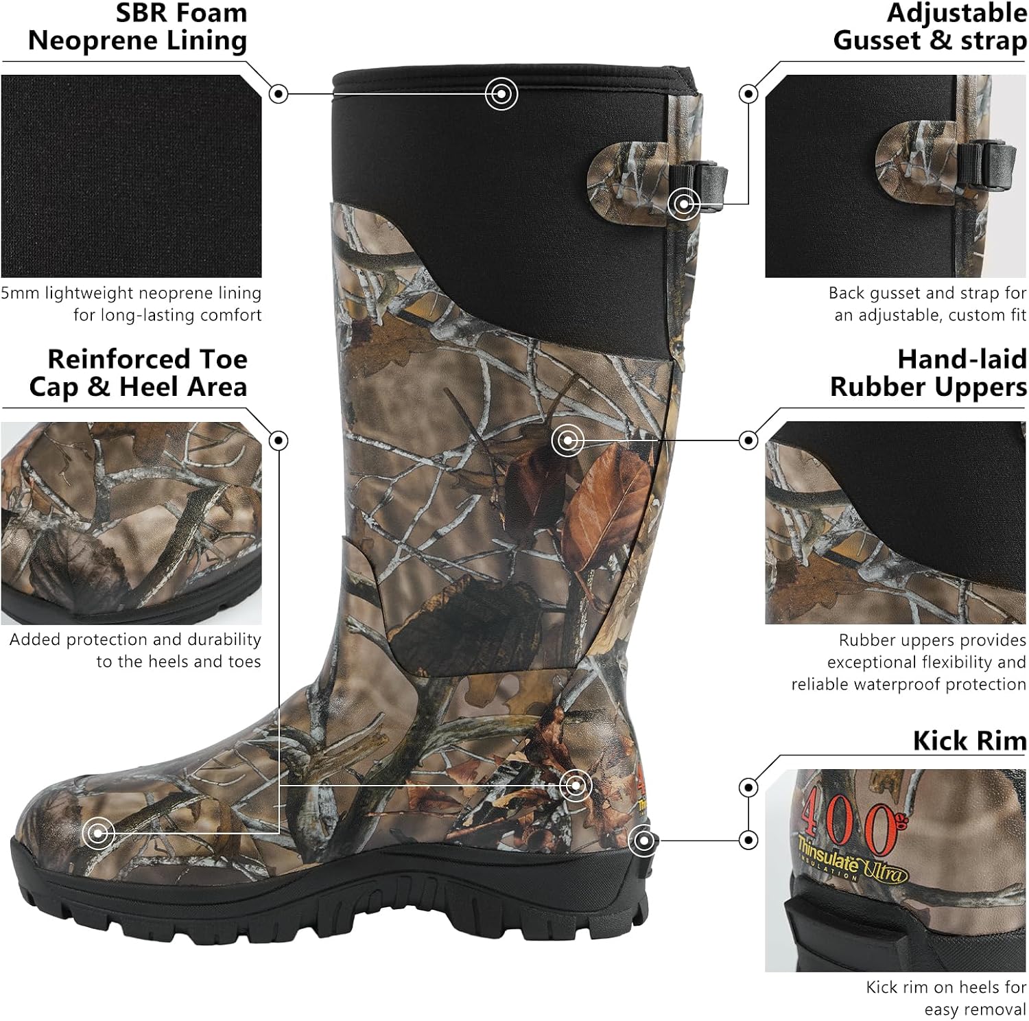 Bassdash EXPLORER-SG Men's Hunting Boots, Waterproof Rubber Boots 400G Insulated 5mm Neoprene Lined for Outdoor Fishing
