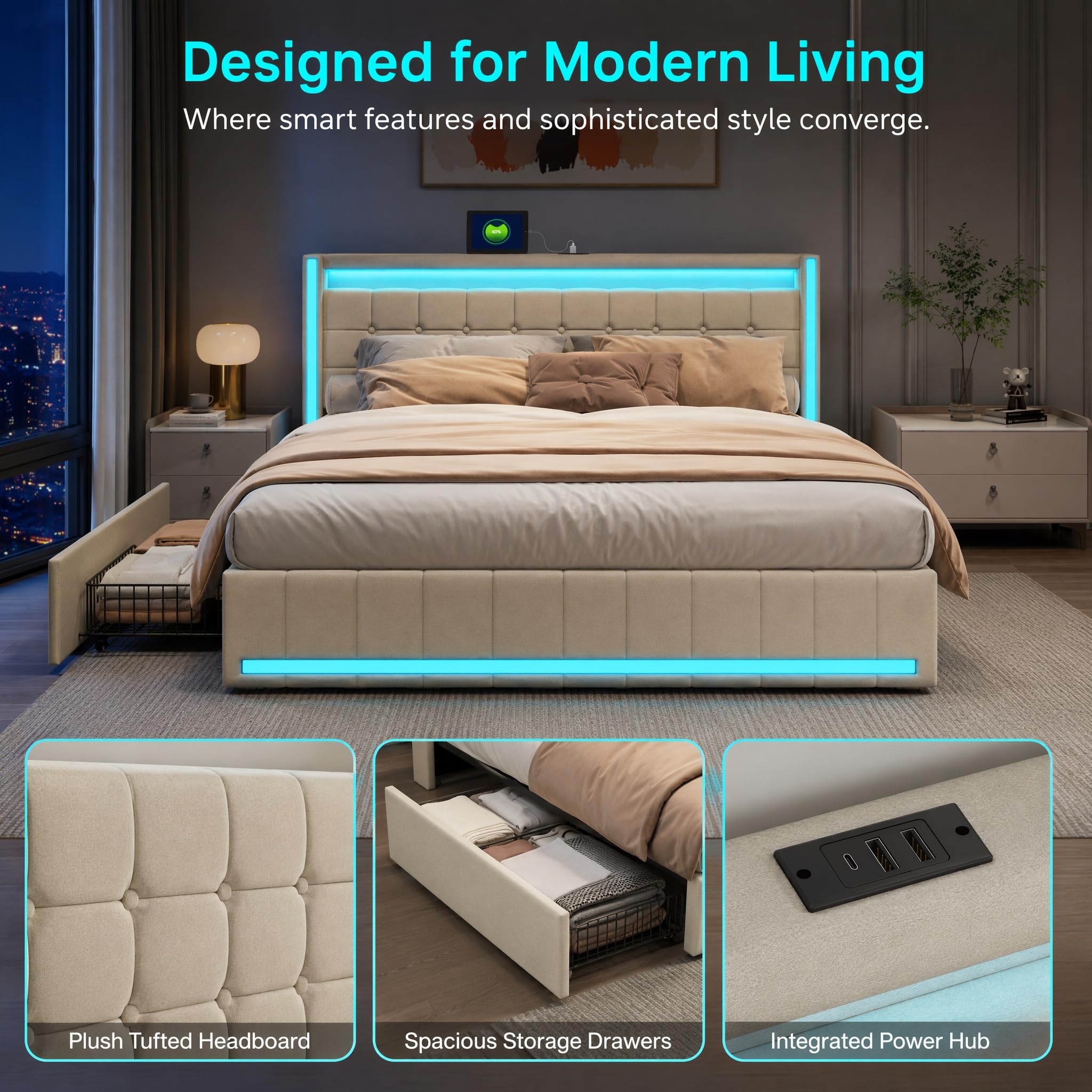 DADEA Letto Cassettone 140x190 con 4 Cassetti, Letto Matrimoniale con LED e USB, Letti Matrimoniali Imbottiti con Testiera PortaoggettiLetto Imbottito Matrimoniale con Contenitore, Nessun Materasso