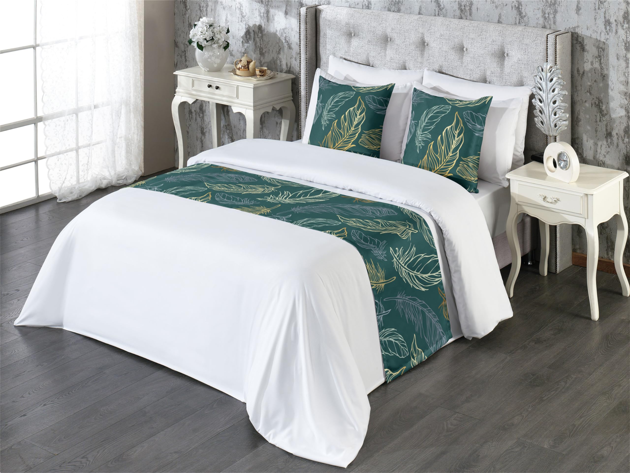 Ambesonne Feathers Bed Runner Set Exotic Winglets Plumes Bohemian Theme Nature and Forest Inspiration Decorative Bedding Scarf and