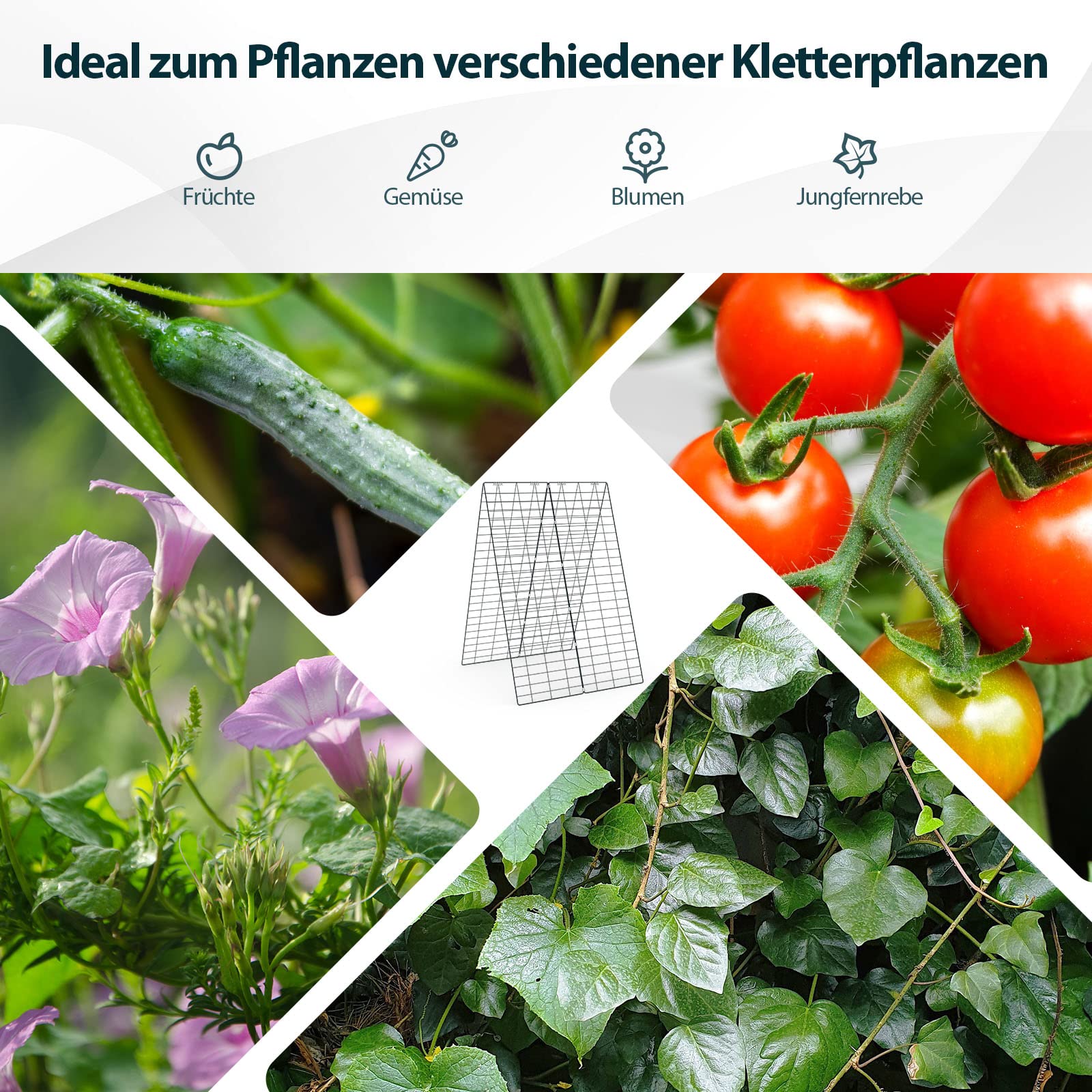 COSTWAY 2er Gurke Rankhilfe Set, A-förmig, Rankgitter Metall, Pflanzenspalier inkl. 12 Kabelbinder, 18 Clips, 16 Bodenpfählen, Metallspalier für Tomaten Kletterpflanzen Blumen, 122 x 86 cm, Schwarz