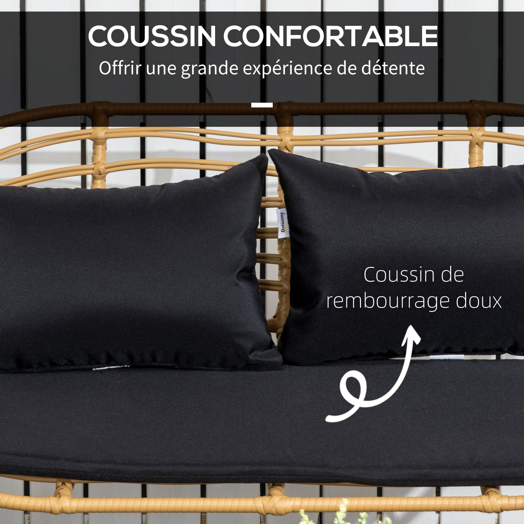 CONCEPT USINE | Salon De Jardin TURINI 4 Places Effet Rotin Naturel | 2 Fauteuils + Canapé 2 Places + Table Verre Trempé | Coussins Blancs Déperlants 12 Cm | Design Compact & Confortable