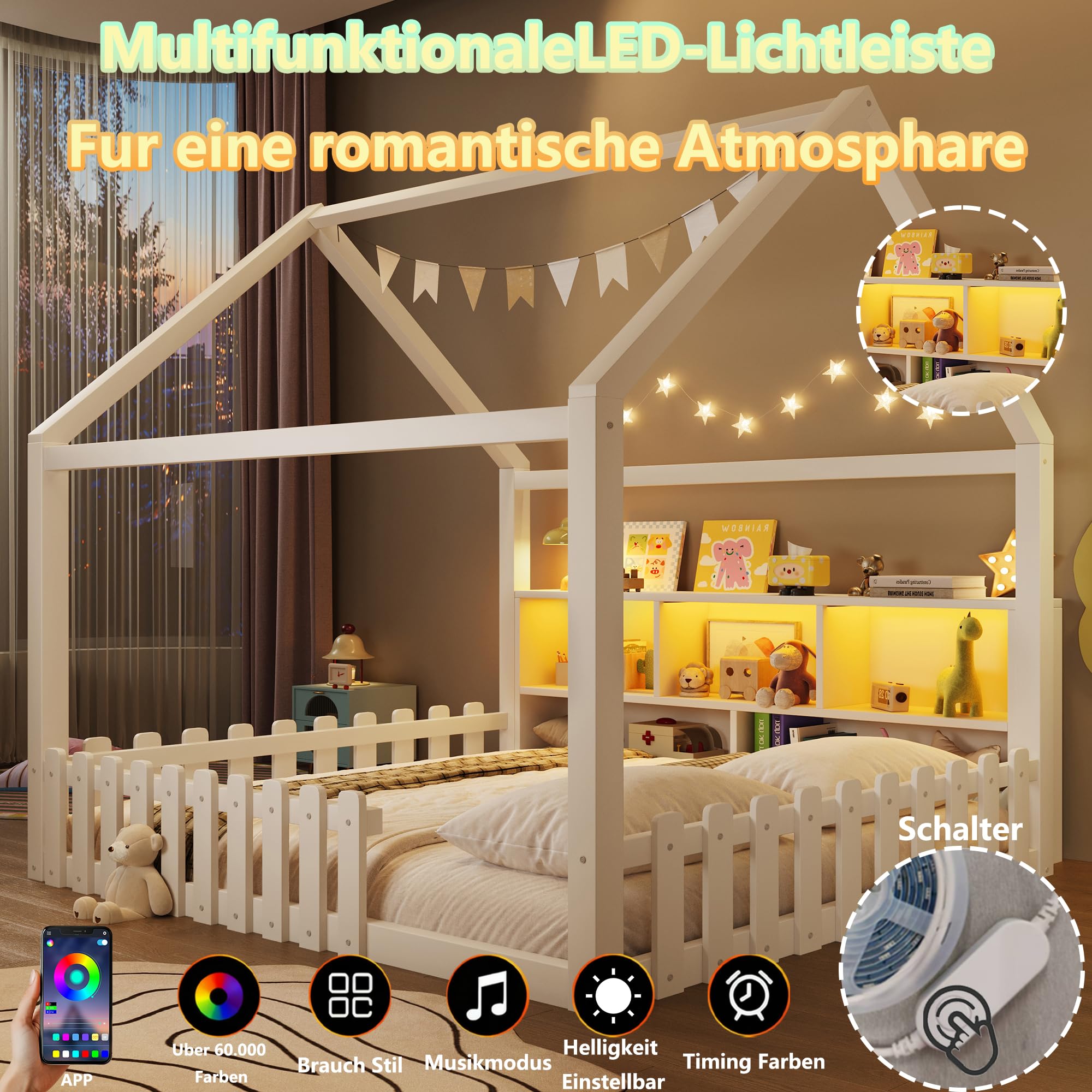 Cama infantil de 140 x 190 cm, con tira de luces LED, compartimentos de almacenamiento abiertos, listón de casa, cama de suelo Montessori con protección contra caídas y somier, cama de madera para