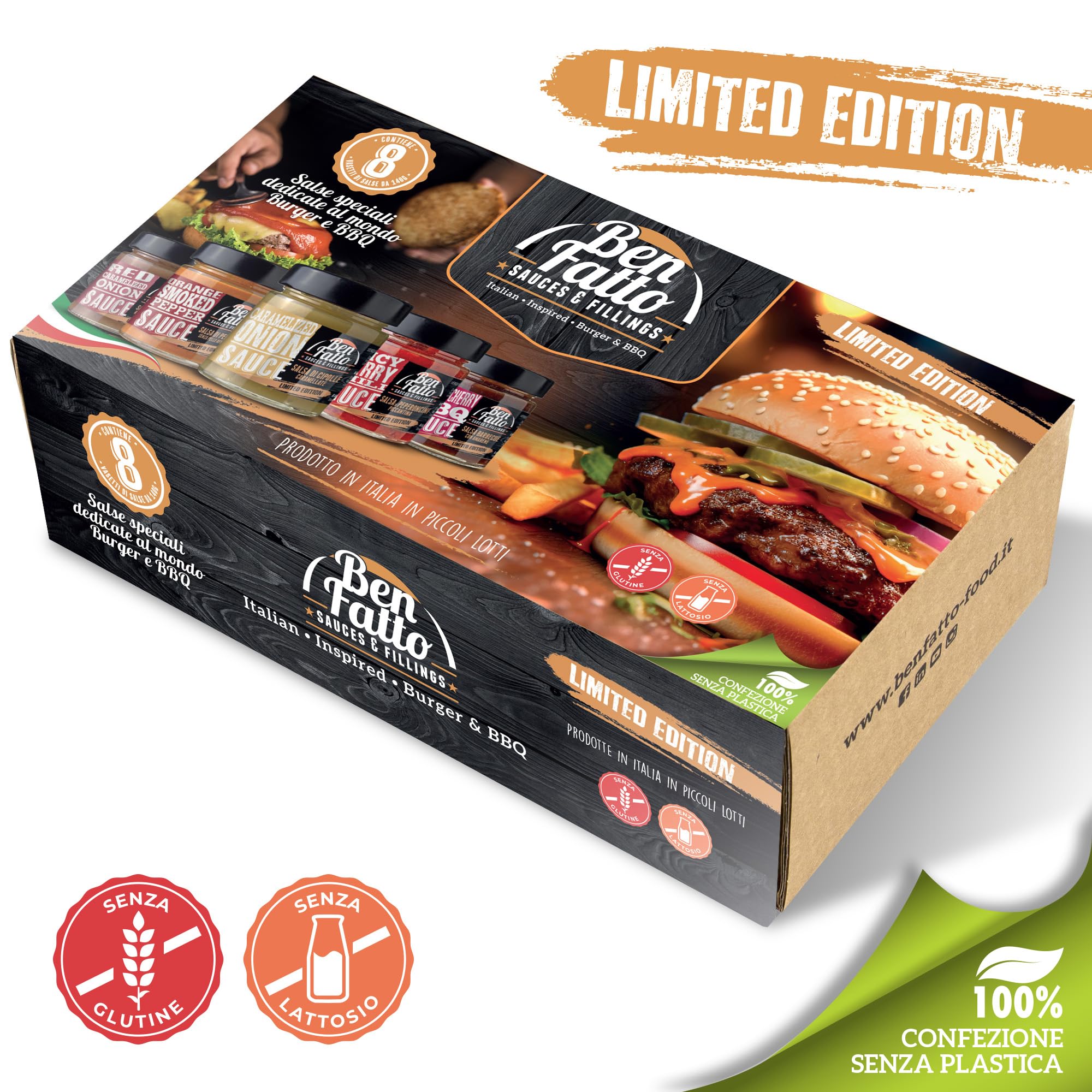 CONFEZIONE GOURMET Benfatto 8 vasi SALSE speciali per Hamburger e BBQ - CONFEZIONE REGALO - EDIZIONE LIMITATA - Made in Italy